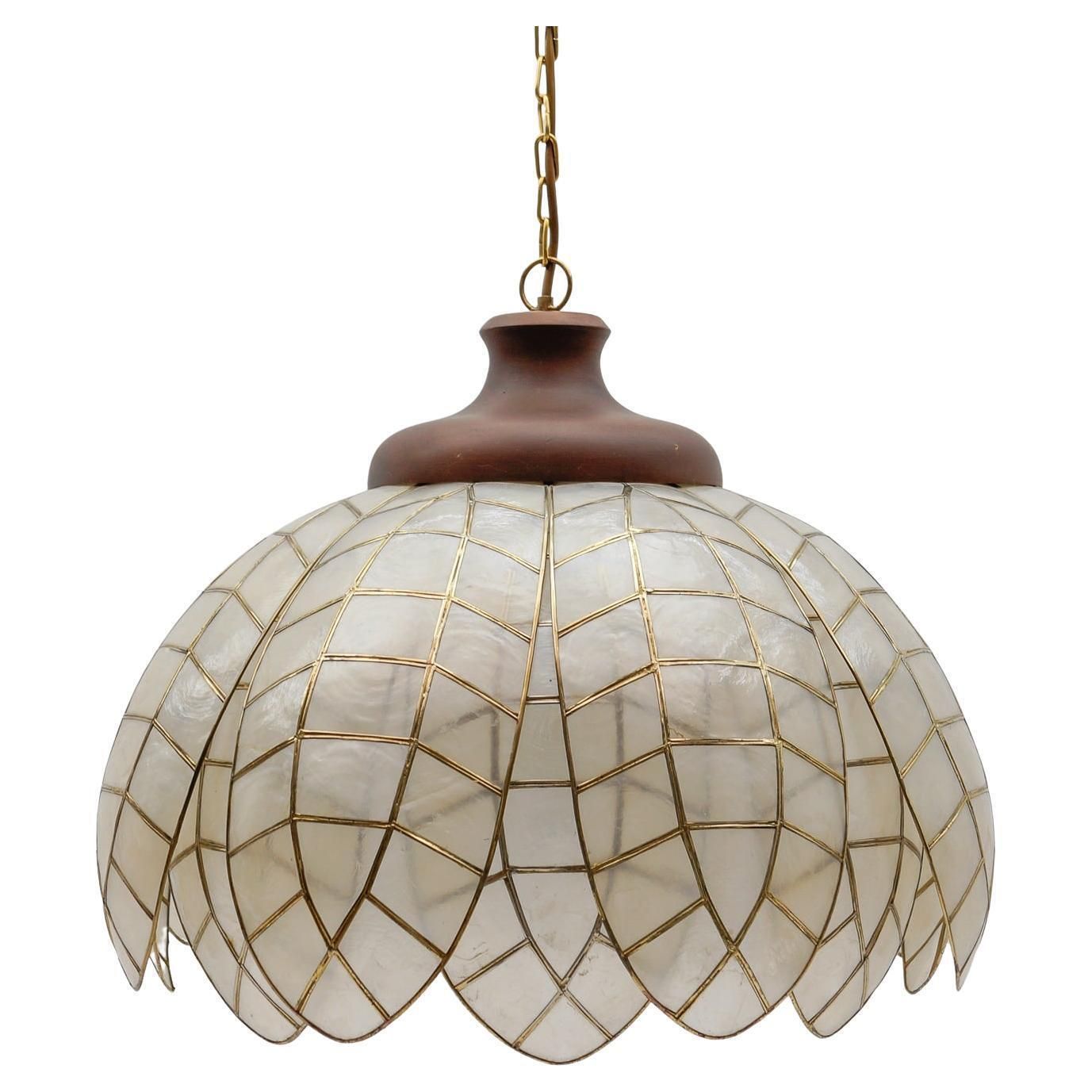 Lovely Large Mother Of Pearl Leaf Ceiling Bell Lamp, Italy 1960s