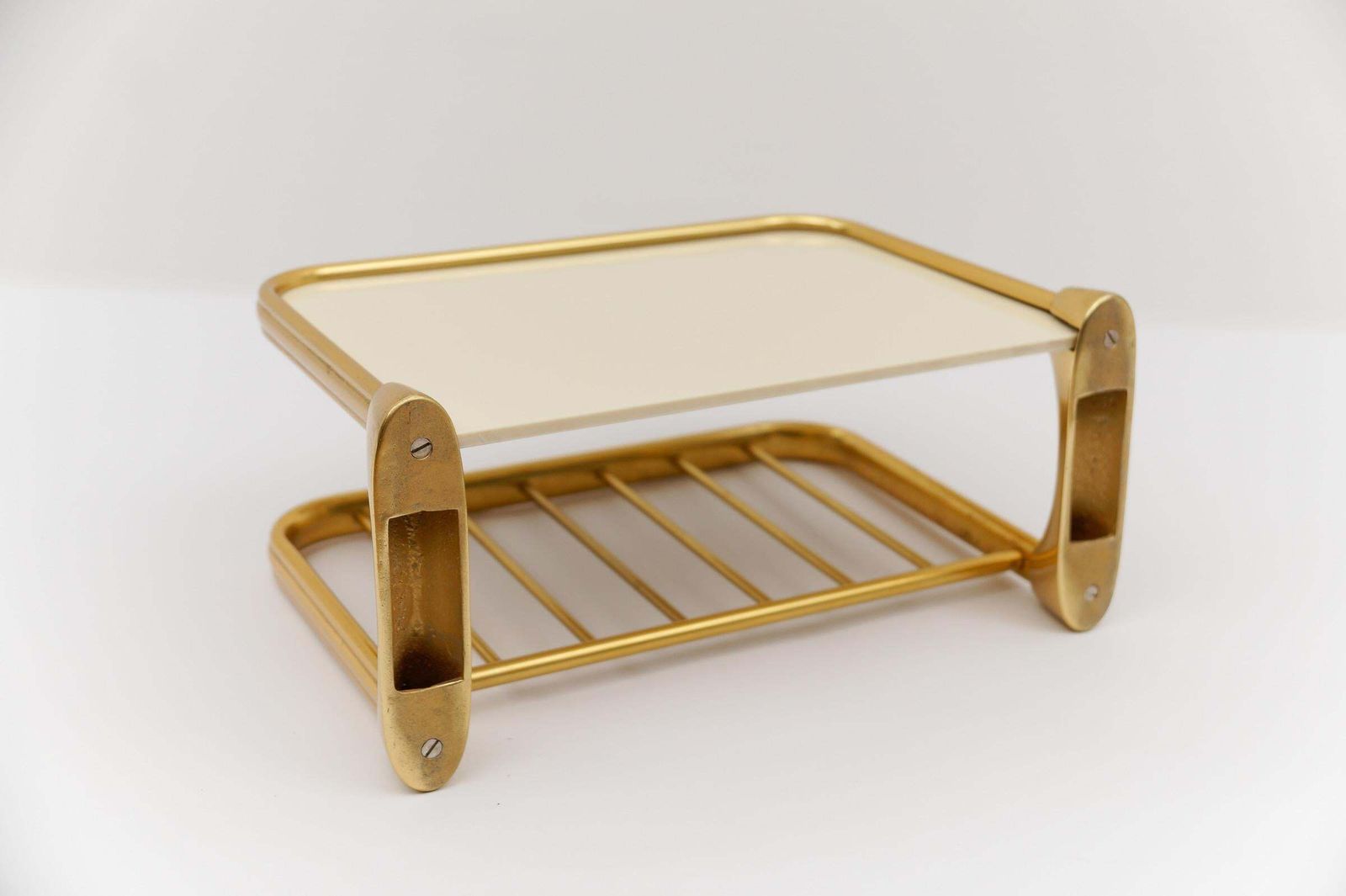 photo furniture Lovely Brass And Glass Wall Shelf, Mid Century Modern 1950s