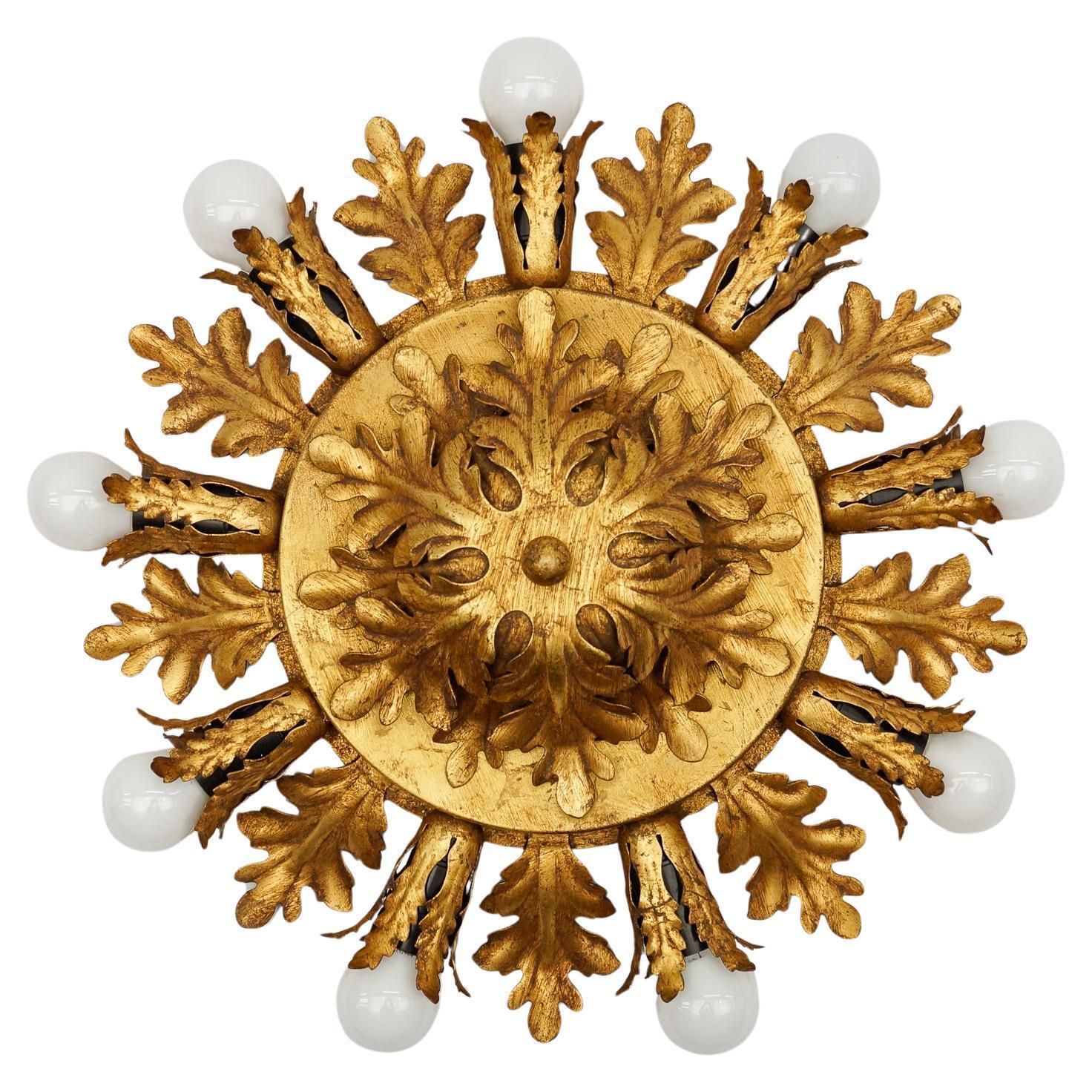 Large Vintage Florentine Leaf Ceiling Lamp By Banci Firenze, 1960s, Italy