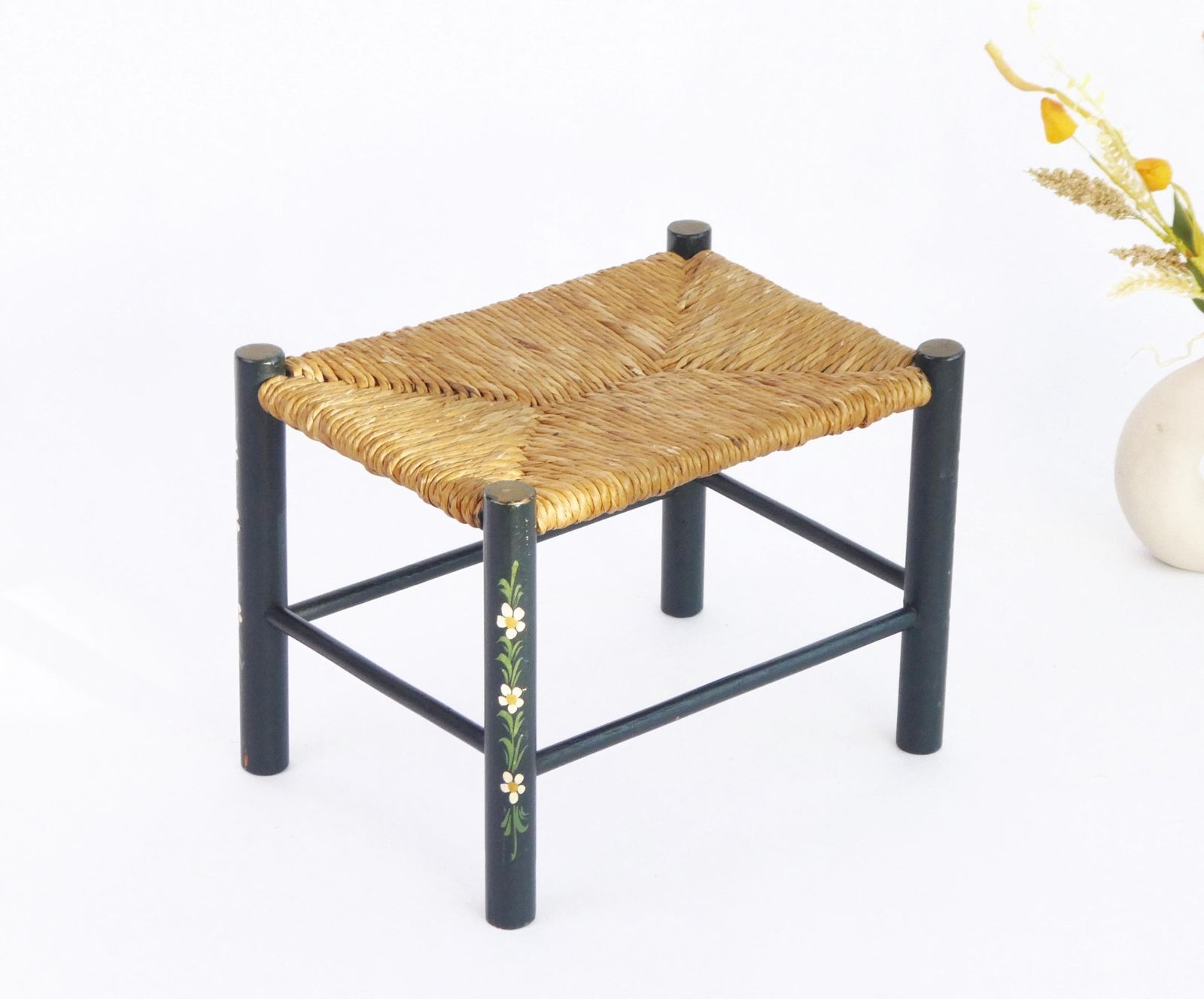 Small Vintage Rectangular Green Wooden Wicker Stool, Hand Painted Dutch Folk Art Plant Stand, Floral Bench