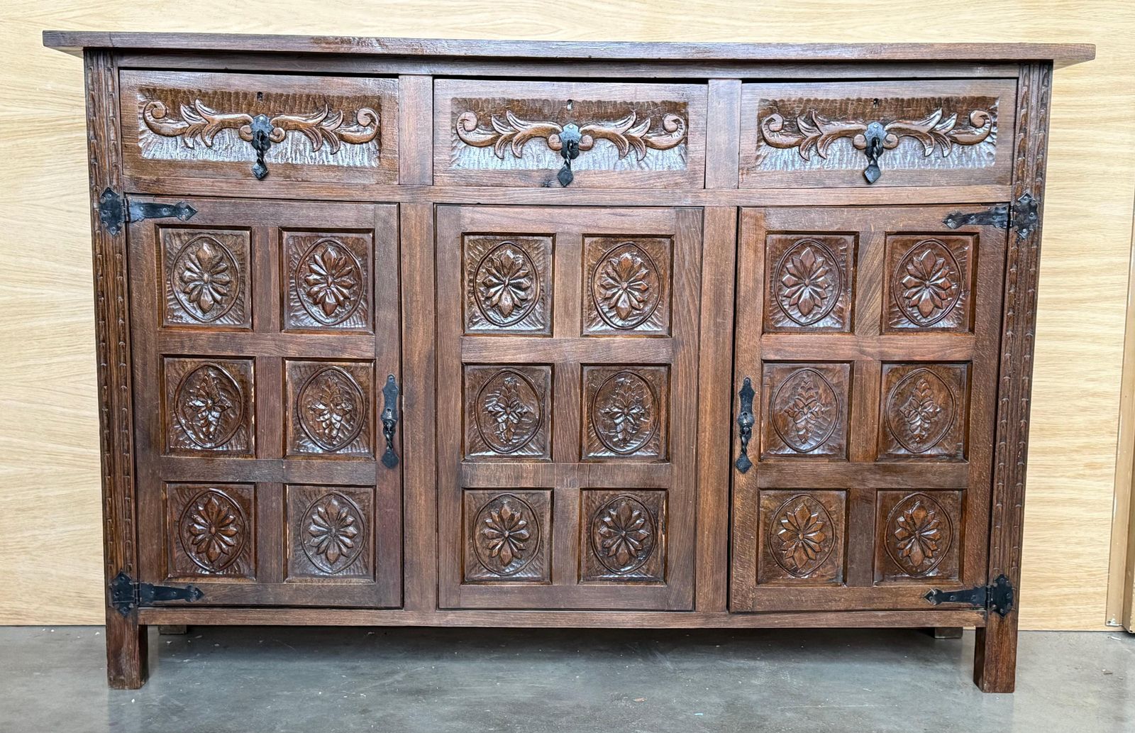 19th Spanish Baroque Carved Walnut Tuscan Three Drawers Credenza Or Buffet photo furniture