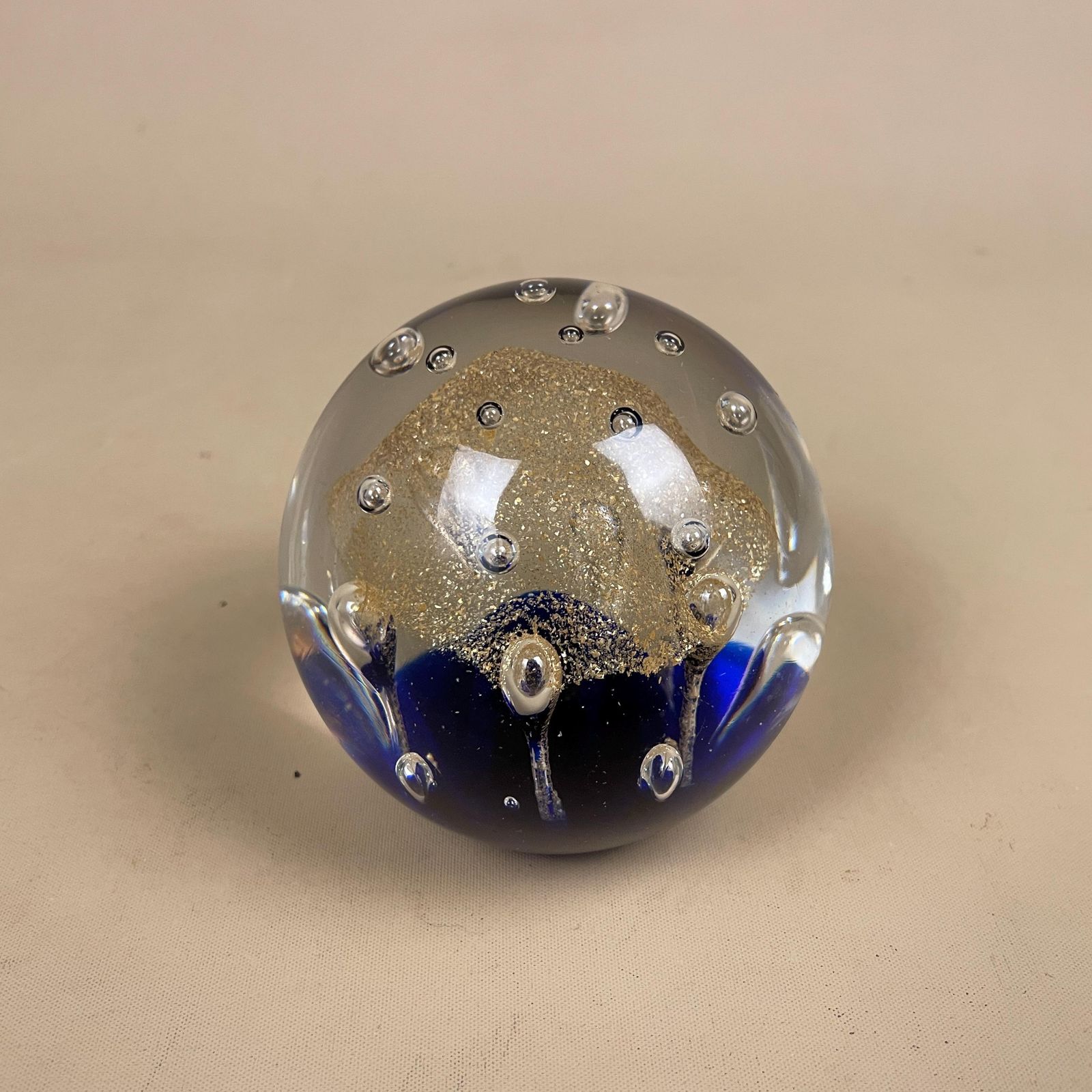 Art Glass Paperweight Blue Gold Bubble Hand Blown Mid Century Studio Glass Decorative Desk Object Display Round 8cm photo Home Decor