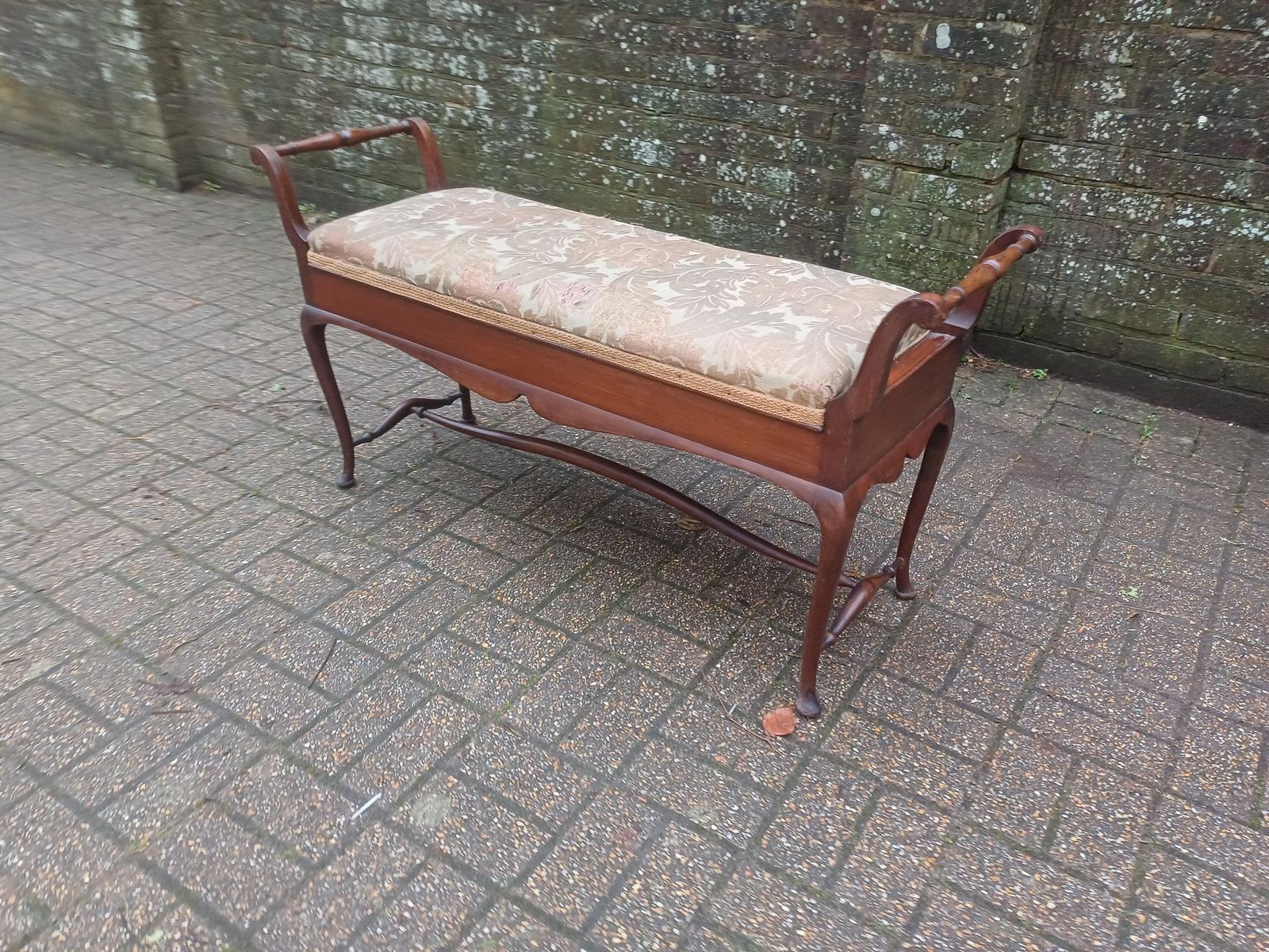 Antique Mahogany Piano Stool / Window Seat Bench With Storage Lid By W J Mansell London – Original Damask Upholstery photo vintage