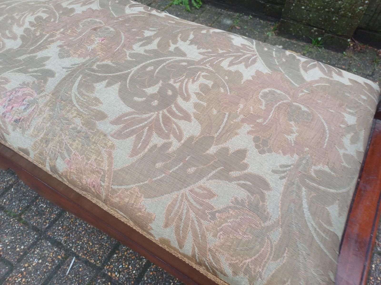 675.0 Antique Mahogany Piano Stool / Window Seat Bench With Storage Lid By W J Mansell London – Original Damask Upholstery photo