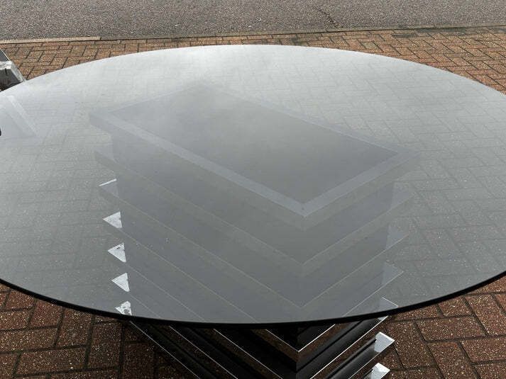 Mid Century 1970's Circular Dining Table Smoked Glass On Chrome Base photo vinterior