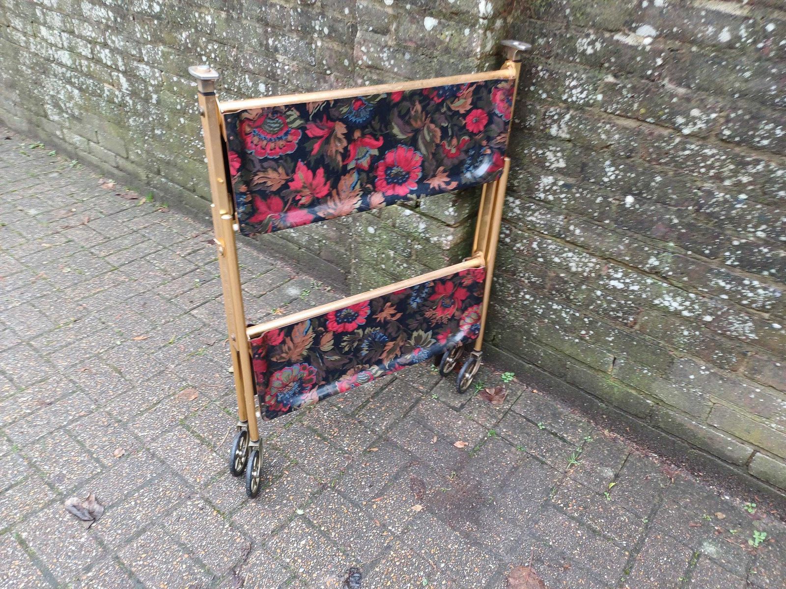 photo furniture Vintage 1970s Kitsch Retro Folding Drinks Trolley Bar Cart Floral Formica Trays Gold Plated Frame Castors Side Table Display Saving Server