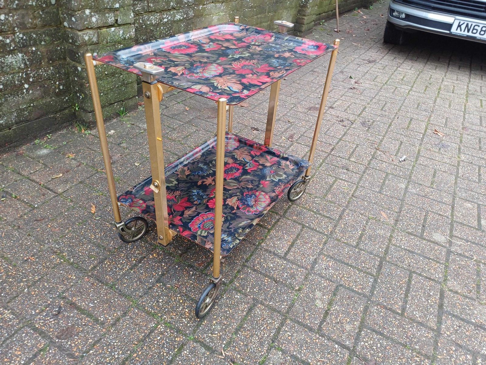 photo for sale Vintage 1970s Kitsch Retro Folding Drinks Trolley Bar Cart Floral Formica Trays Gold Plated Frame Castors Side Table Display Saving Server