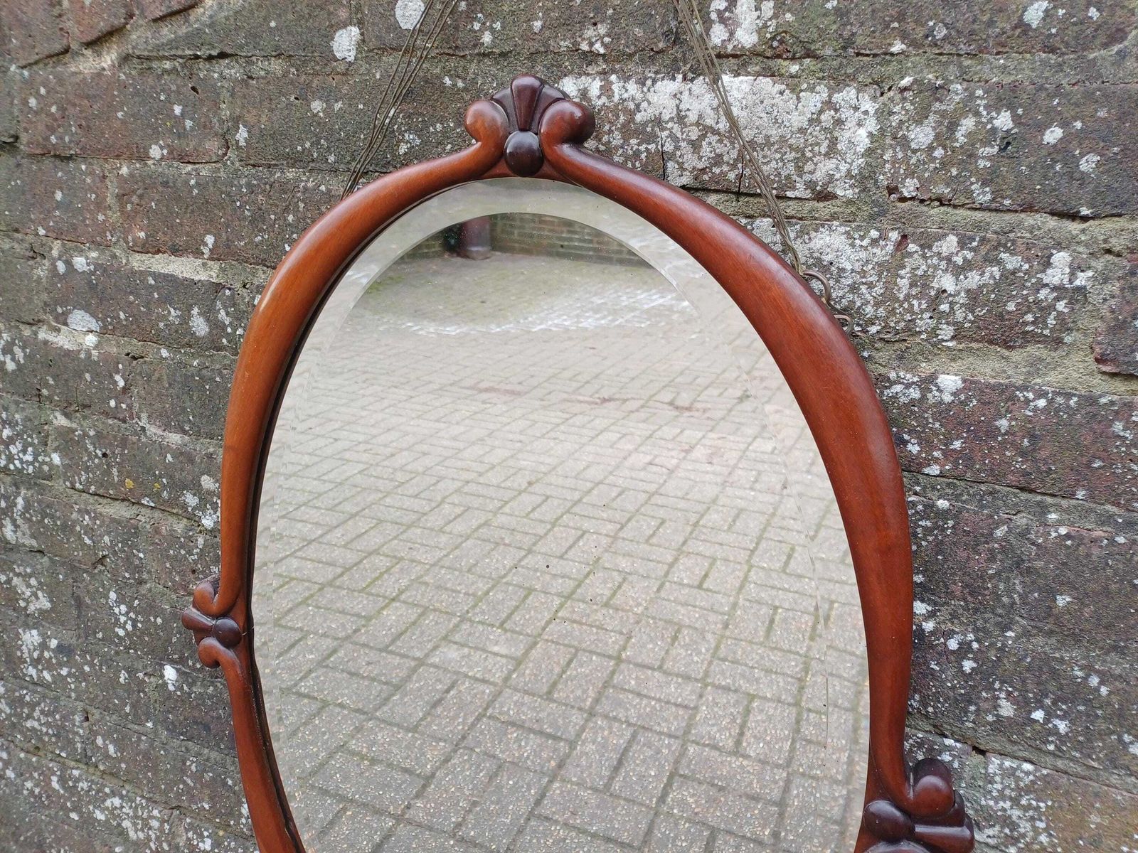 Large Unusual Late Victorian Mahogany Oval Wall Mirror Carved Frame, Wide Bevelled Glass, Elegant Antique Statement Piece photo 375.0