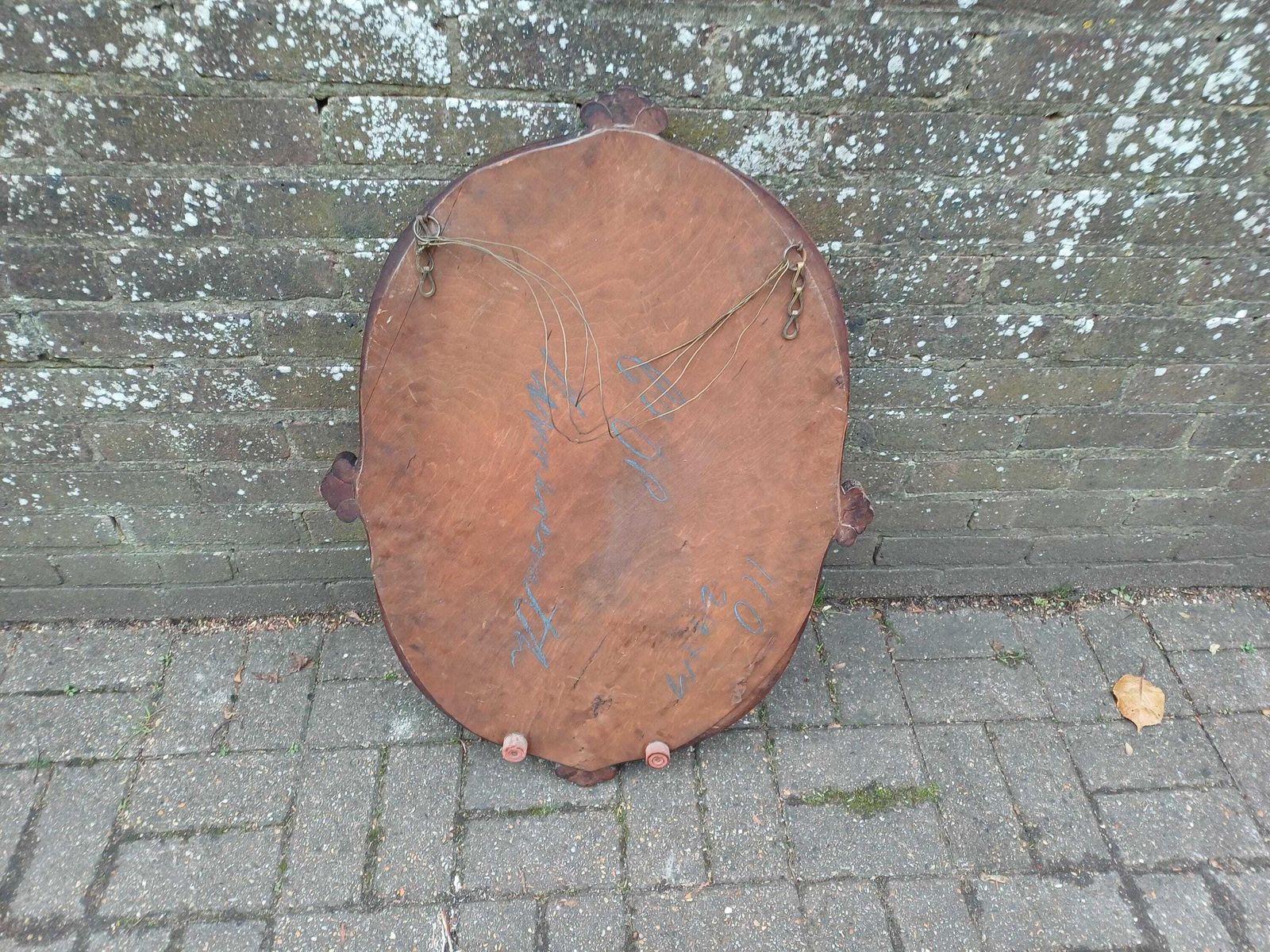 photo vintage Large Unusual Late Victorian Mahogany Oval Wall Mirror Carved Frame, Wide Bevelled Glass, Elegant Antique Statement Piece