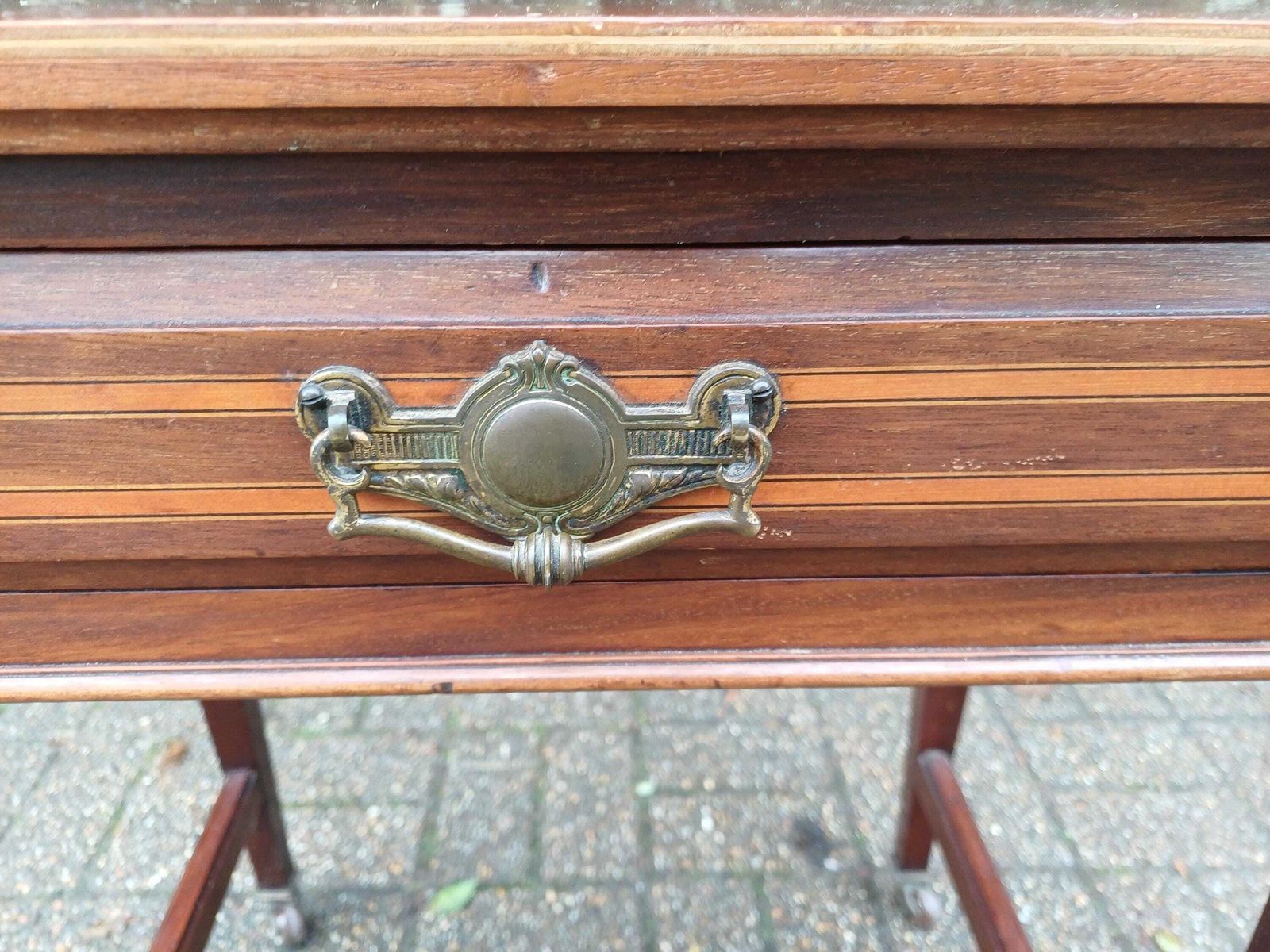 395.0 Victorian Mahogany Side Table Desk Dressing Table Brass Handle Drawer Inlaid Detailing Antique Occasional Hall Table photo