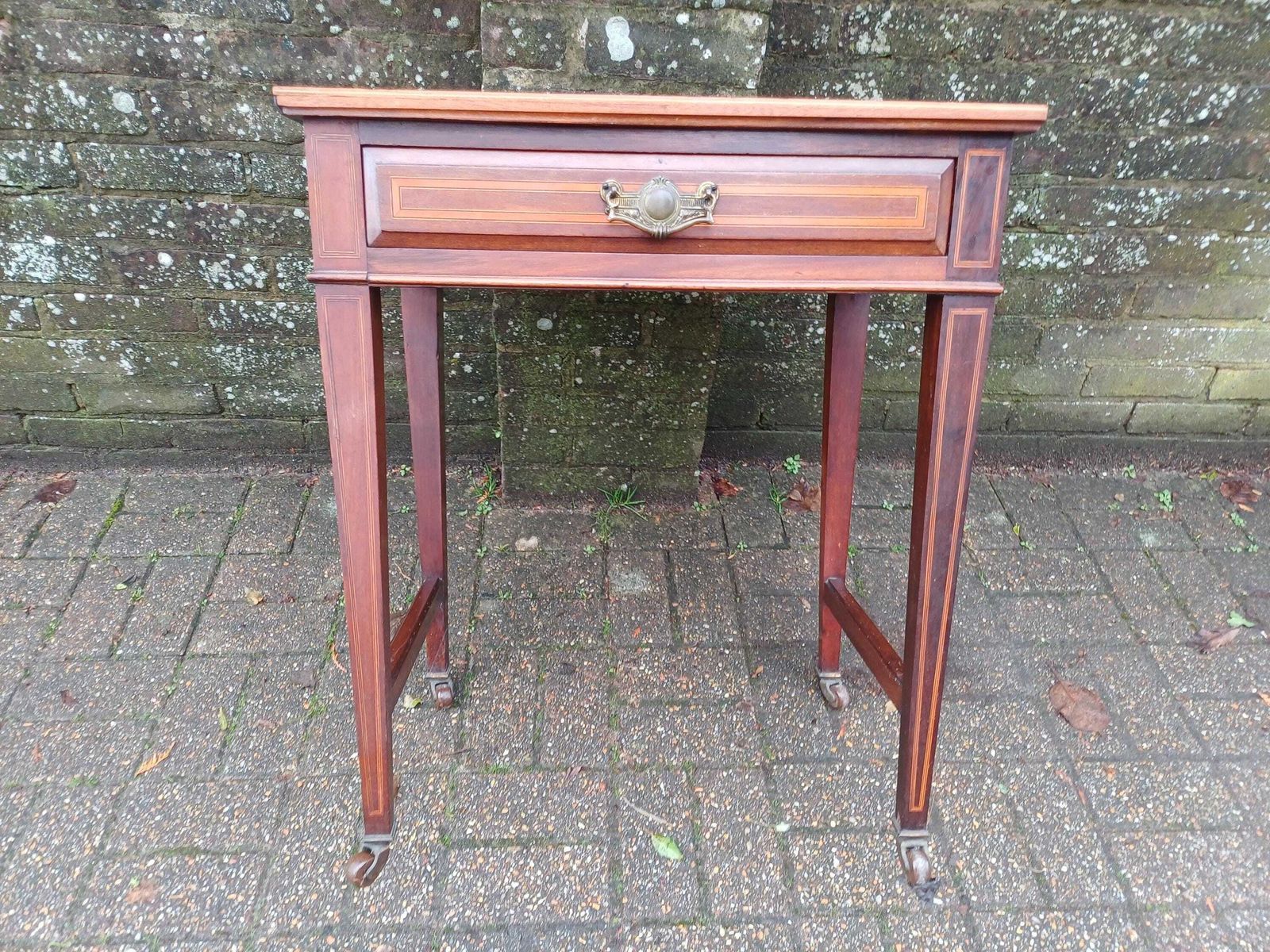 photo vinterior Victorian Mahogany Side Table Desk Dressing Table Brass Handle Drawer Inlaid Detailing Antique Occasional Hall Table