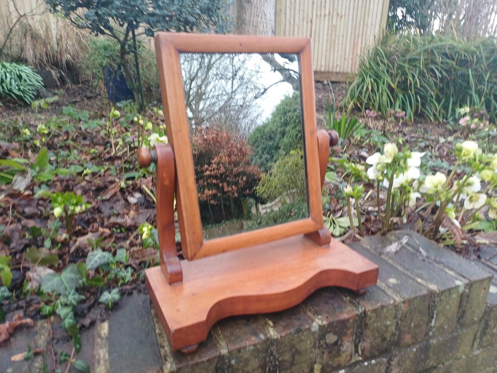 Late Victorian Dressing Table Mirror Antique Swing Shaving Mirror Polished Stripped Wood Tilt Adjustable Vanity Mirror Bun Feet