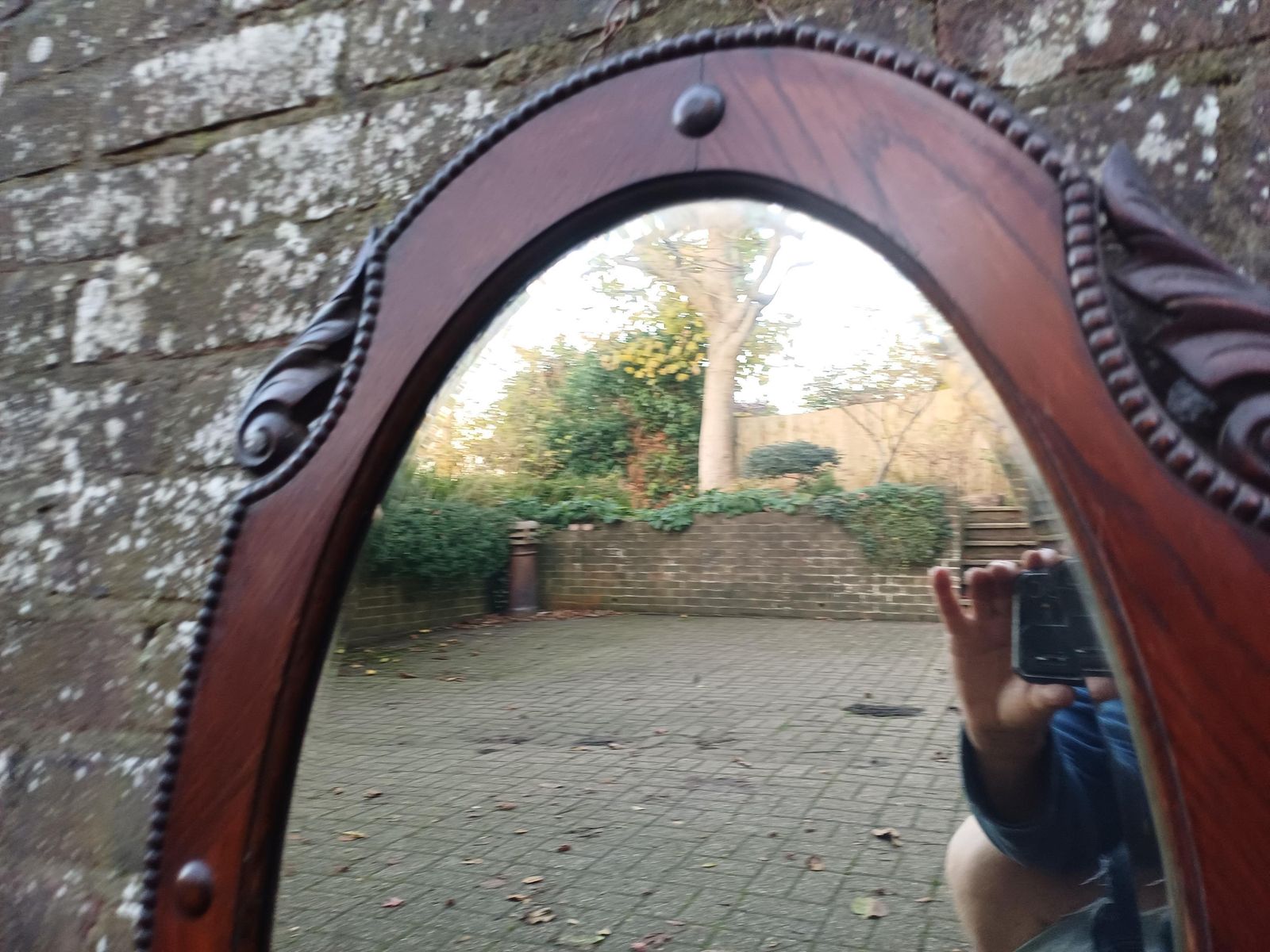 Antique 1920s Oak Oval Mirror Hand Carved Quarter Panels, Original Bevelled Glass & Chain Arts And Crafts Edwardian Wall Mirror photo furniture
