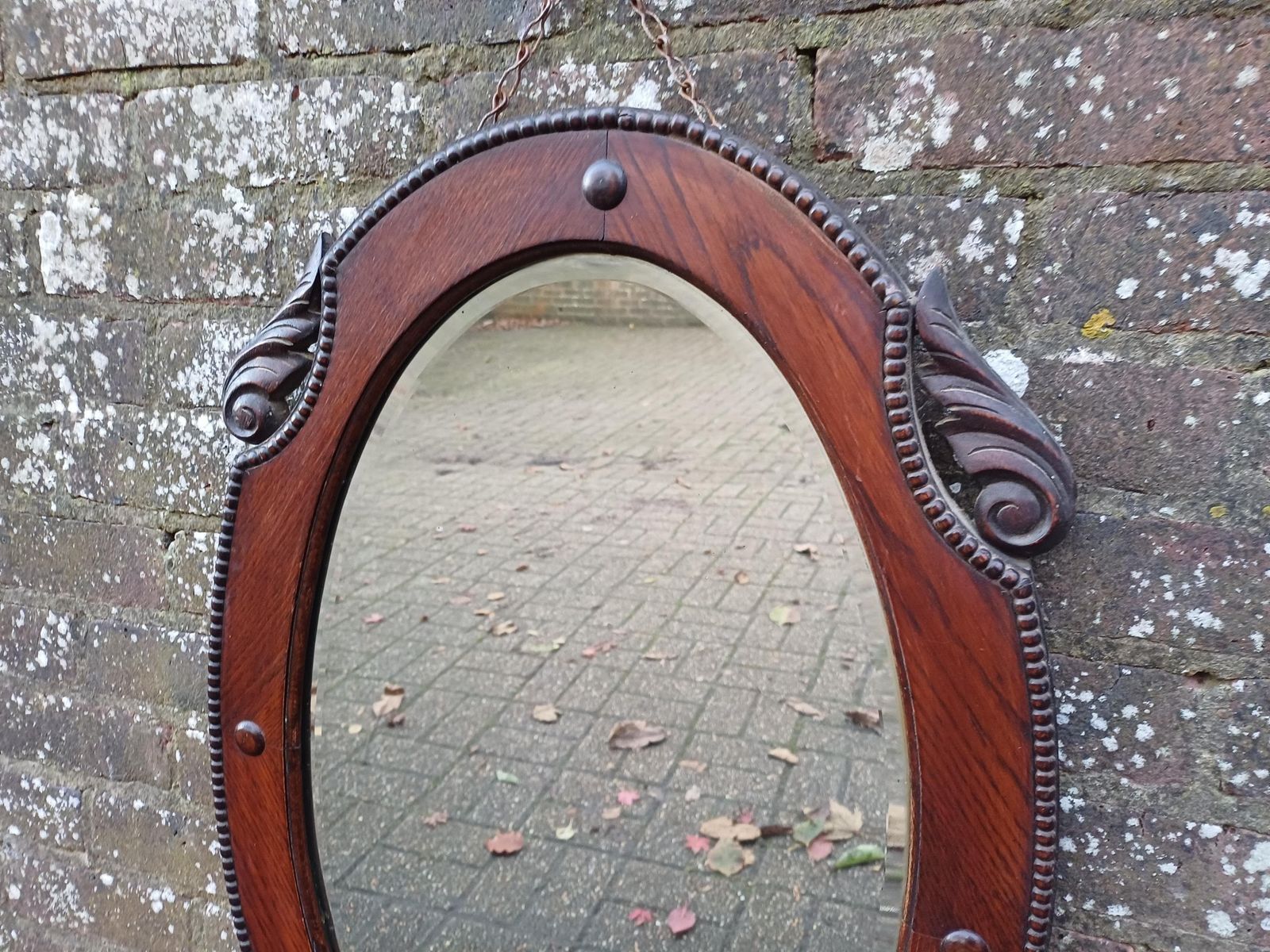 Antique 1920s Oak Oval Mirror Hand Carved Quarter Panels, Original Bevelled Glass & Chain Arts And Crafts Edwardian Wall Mirror photo vintage