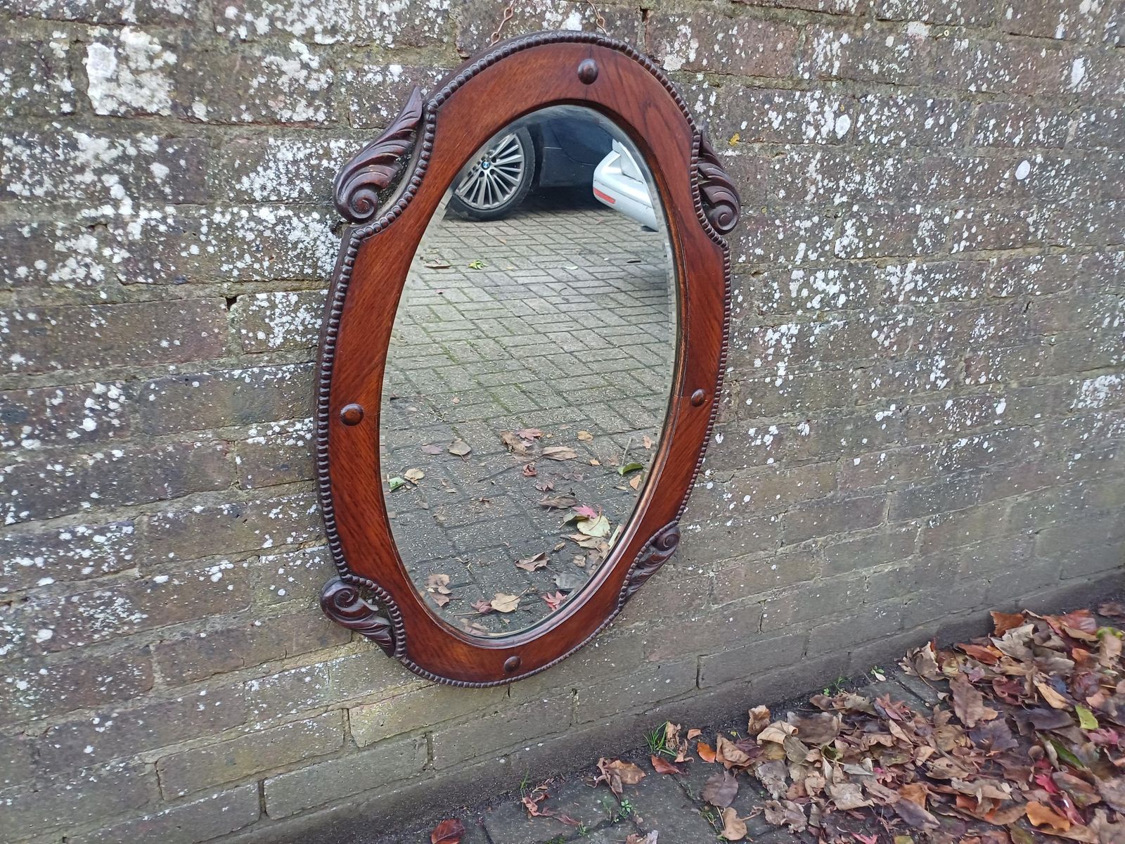 photo furniture Antique 1920s Oak Oval Mirror Hand Carved Quarter Panels, Original Bevelled Glass & Chain Arts And Crafts Edwardian Wall Mirror