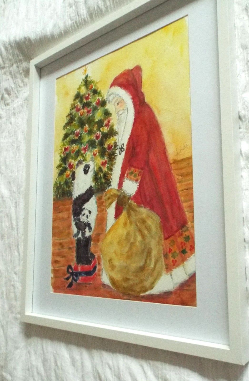 Panda & Father Christmas Llustration Original Watercolour Painting Andi Lucas photo for sale