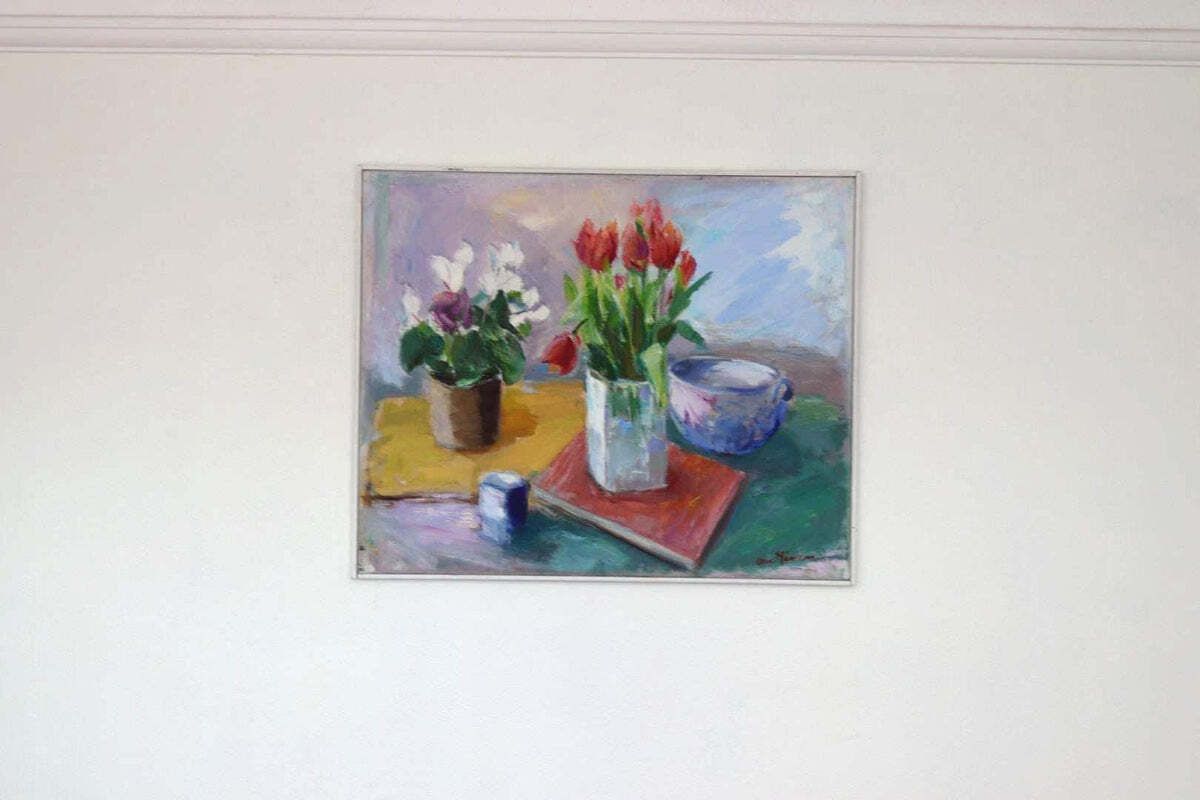 Original Mid Century Swedish Oil On Canvas – “Still Life With Tulips” By Ove Månsson – Vintage & Framed – 51 × 62 Cm (20.1" × 24.4")