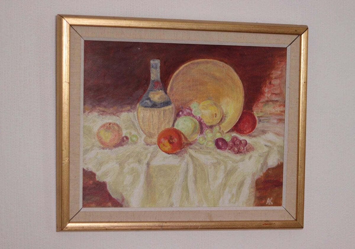Original Swedish Oil On Canvas – “Still Life With Fruit And Bottle” By A.K. – Vintage & Framed – 40 × 48 Cm (15.7" × 18.9") photo buy