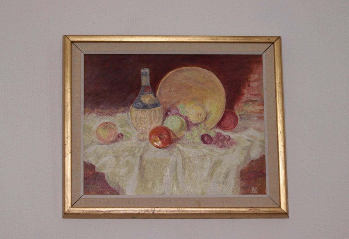 photo furniture Original Swedish Oil On Canvas – “Still Life With Fruit And Bottle” By A.K. – Vintage & Framed – 40 × 48 Cm (15.7" × 18.9")