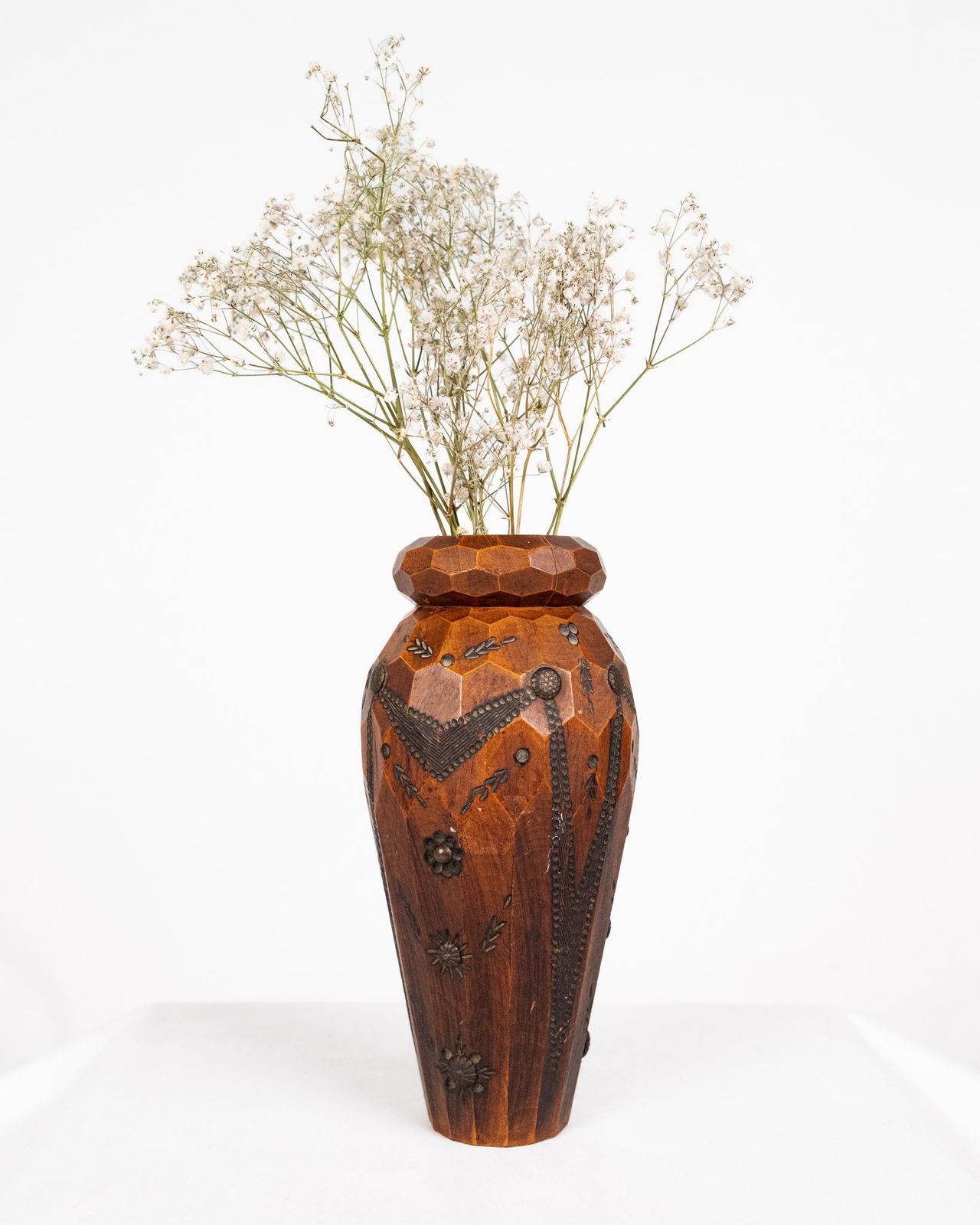 Home Decor Carved Wood And Brass Accents Vase, Bretagne, France, 1960s photo