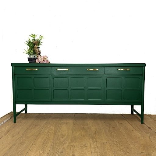 Painted To Order Large Refinished Nathan Sideboard With Drinks Section, Deep Green, Mid Century Modern