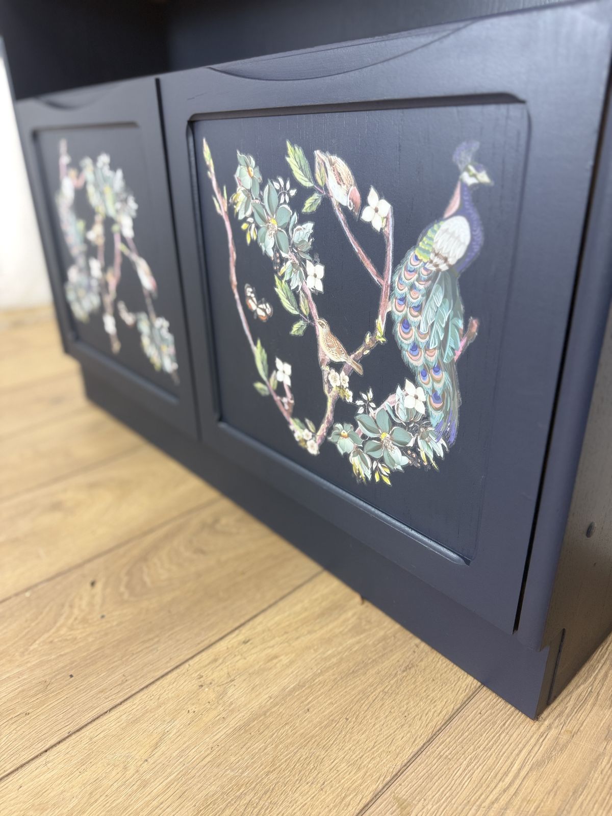 Rare Refinished Slimline Nathan Sideboard In Navy Blue With Floral Bird / Peacock Design, Narrow photo Furniture