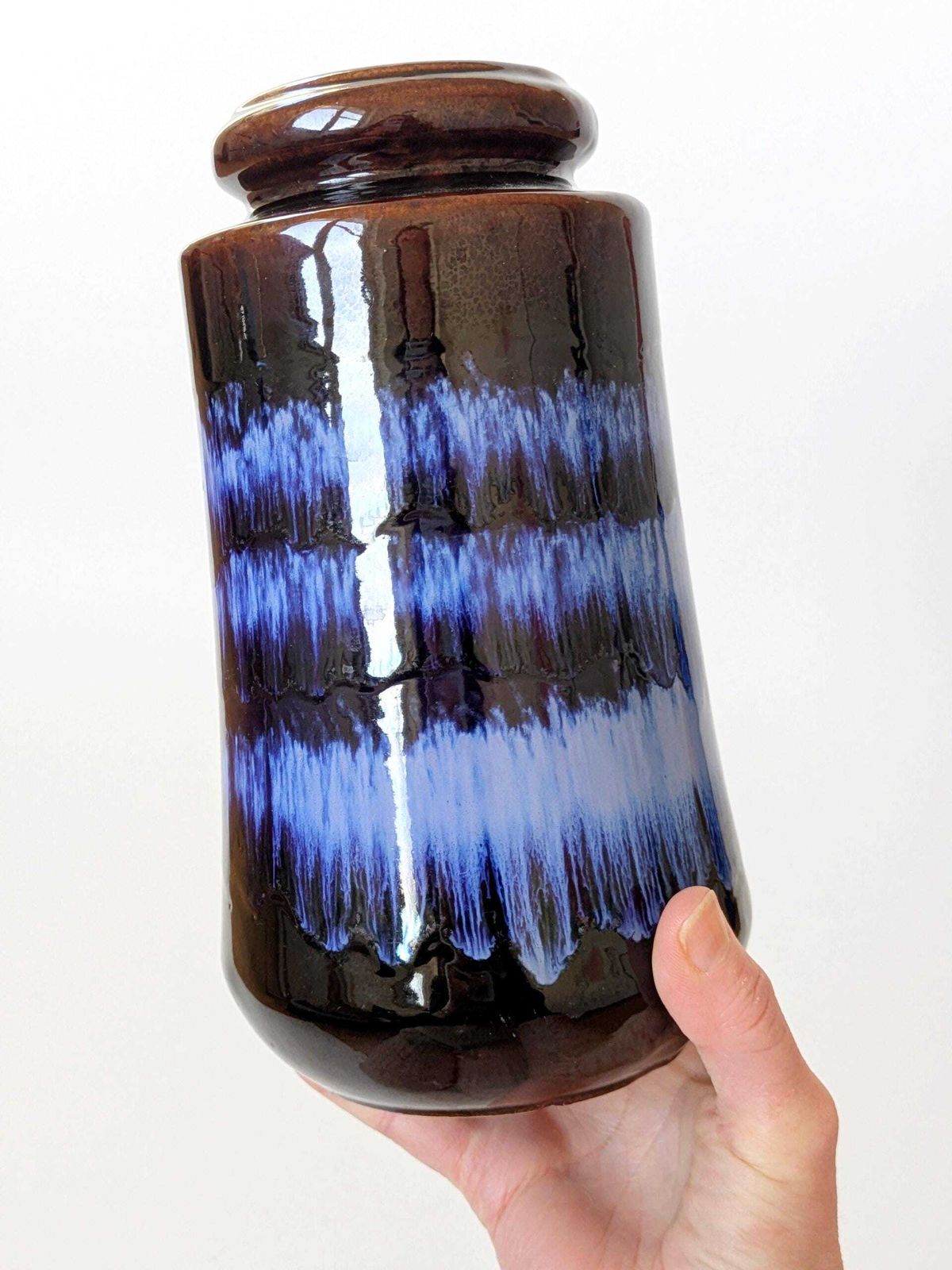 Midcentury Scheurich 249/21, West Germany Tall Ceramic Vase, Chocolate Brown Blue Drip Glaze photo Home Decor