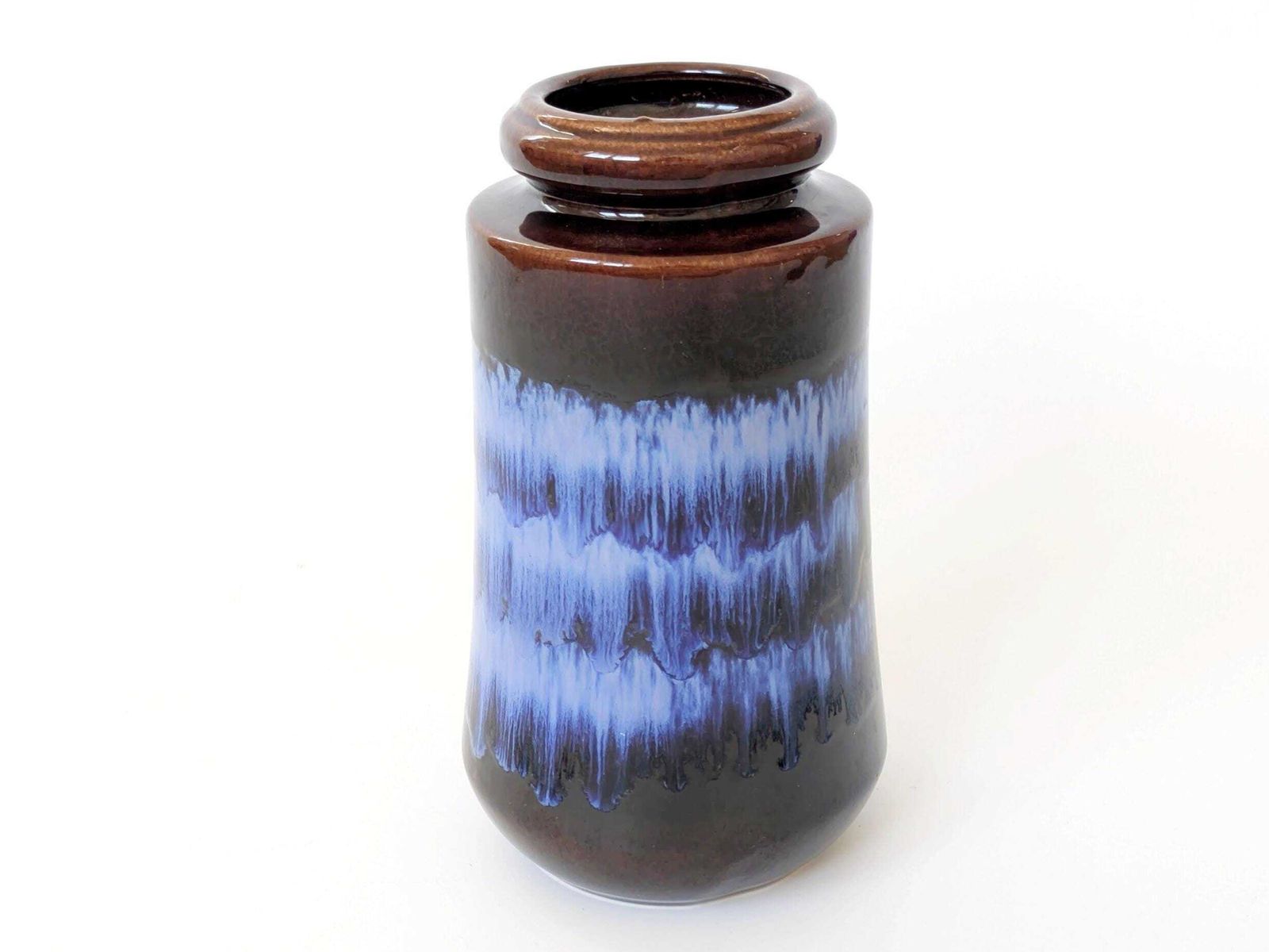 Midcentury Scheurich 249/21, West Germany Tall Ceramic Vase, Chocolate Brown Blue Drip Glaze photo 89.0