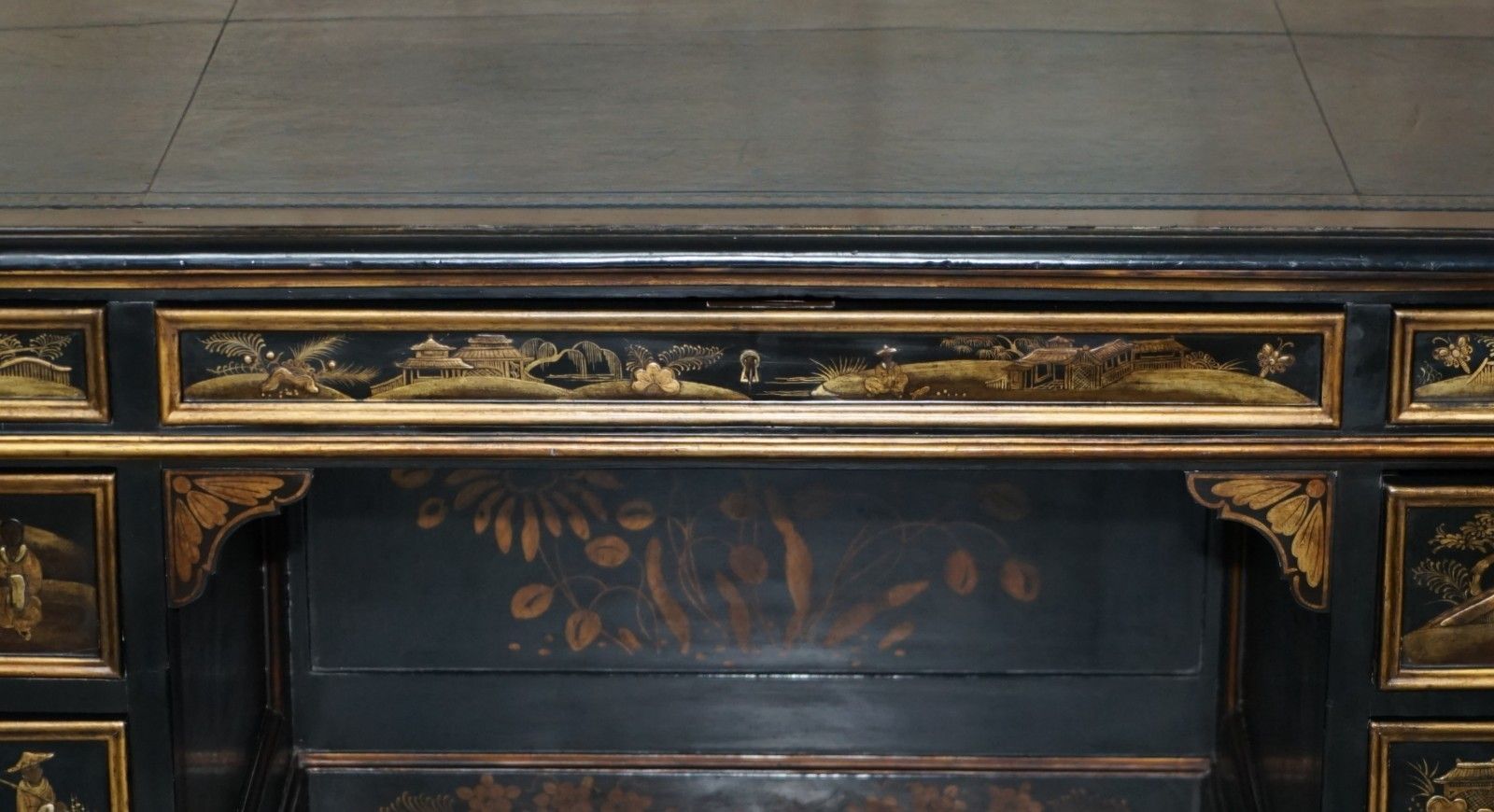 Antique 19th Century Chinese Chinoiserie Kneehole Desk Napoleonic Blue Leather photo 3950.0