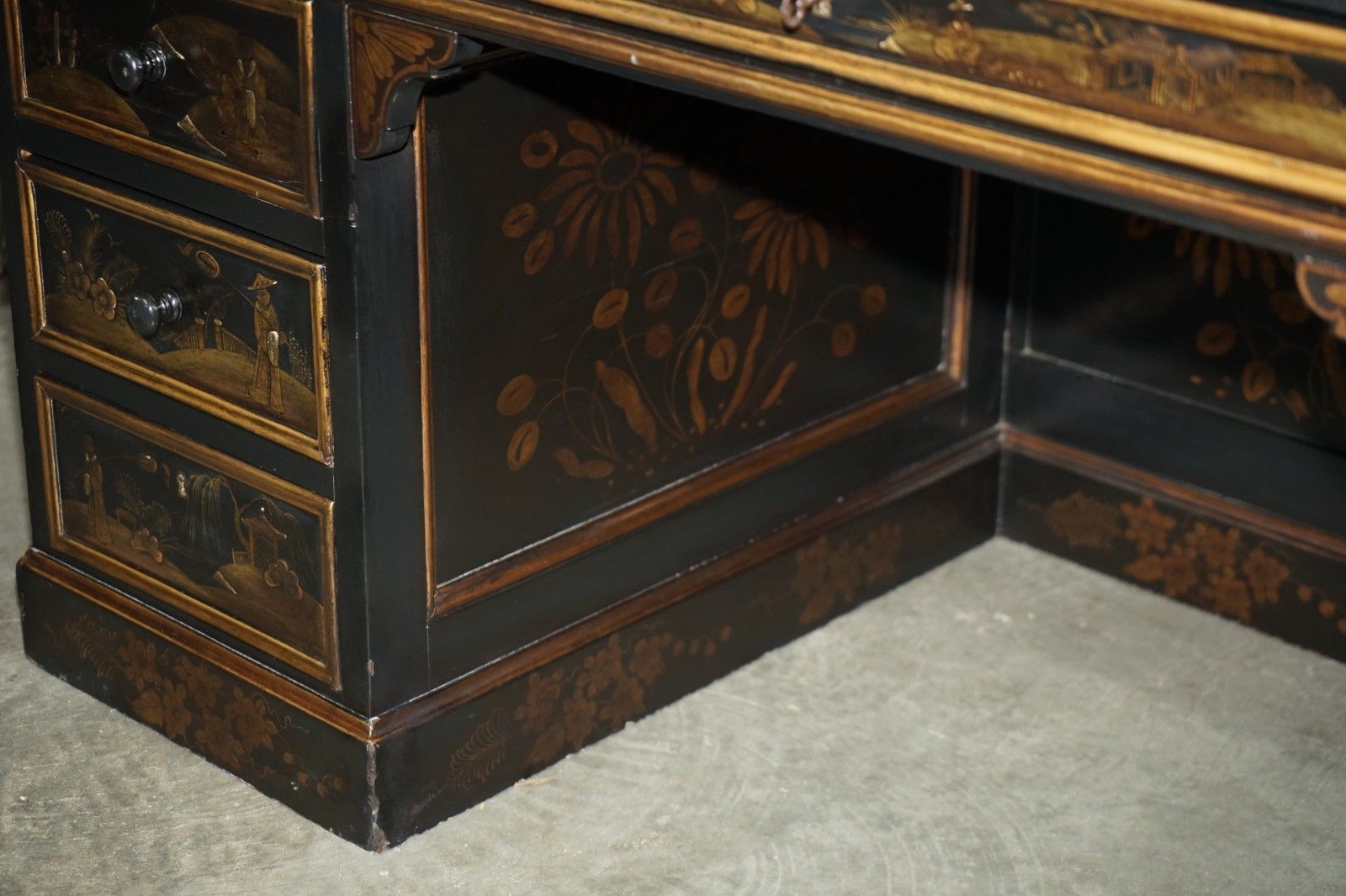photo for sale Antique 19th Century Chinese Chinoiserie Kneehole Desk Napoleonic Blue Leather
