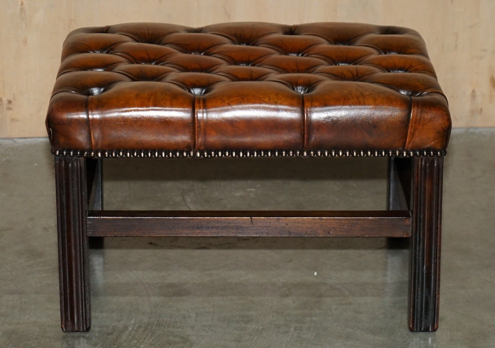 Pair Of Restored Vintage Hand Dyed Brown Leather Chesterfield Tufted Footstools photo Furniture