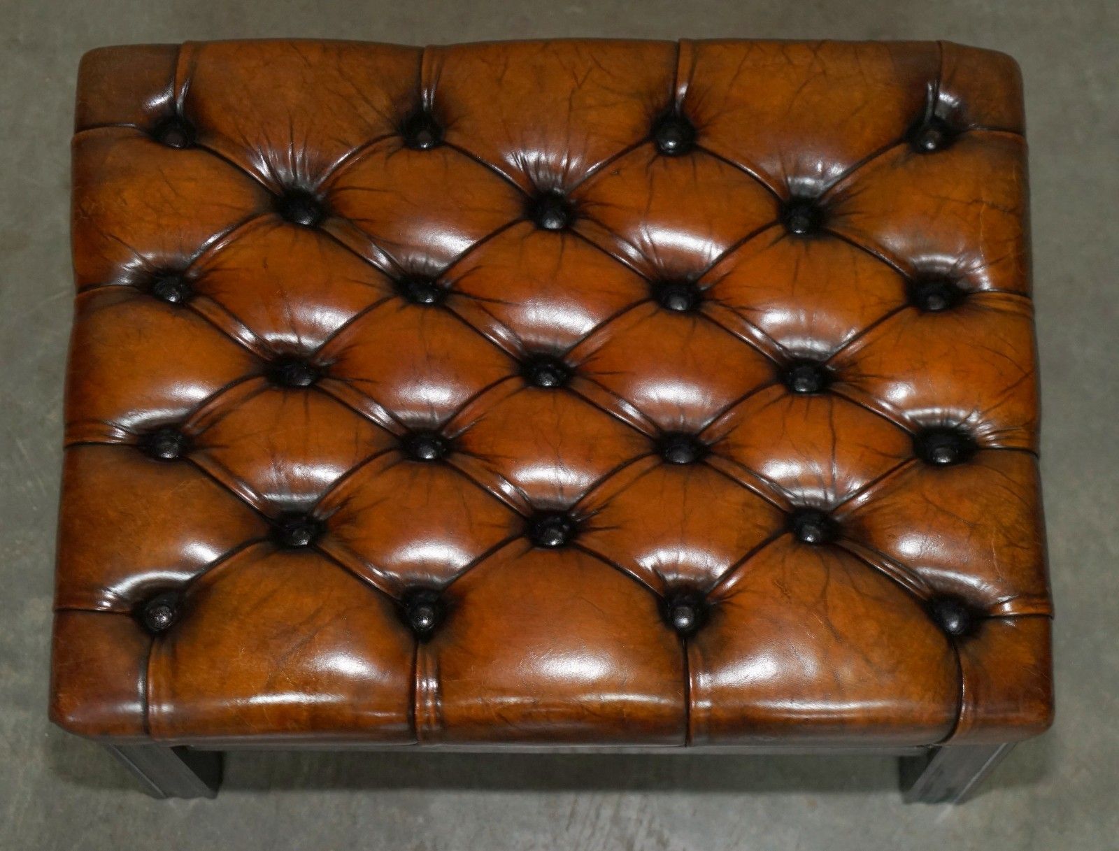 Pair Of Restored Vintage Hand Dyed Brown Leather Chesterfield Tufted Footstools photo 2950.0