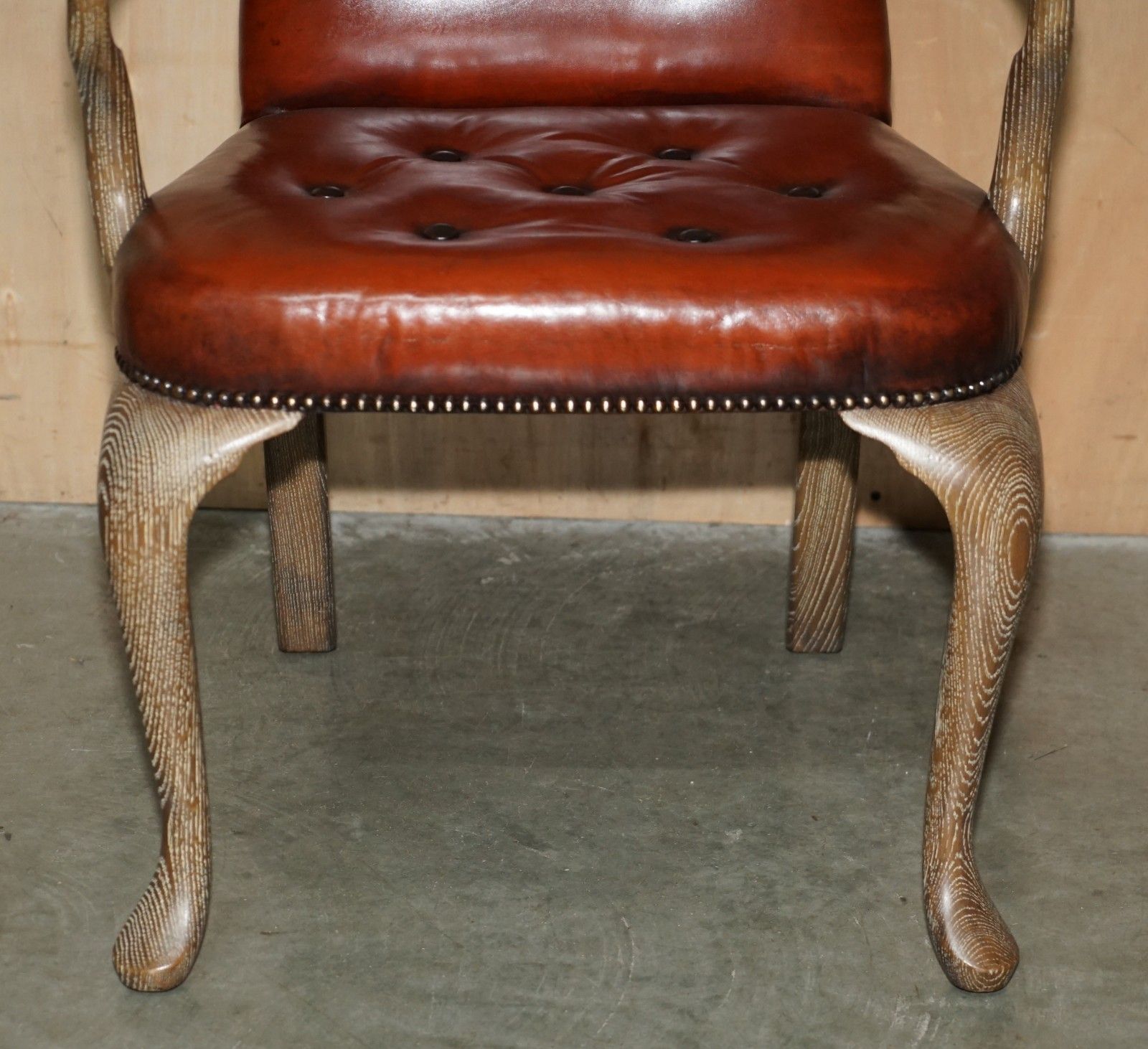 Furniture Ten Restored Shepherds Crook Limed Oak Brown Leather Chesterfield Dining Chairs photo