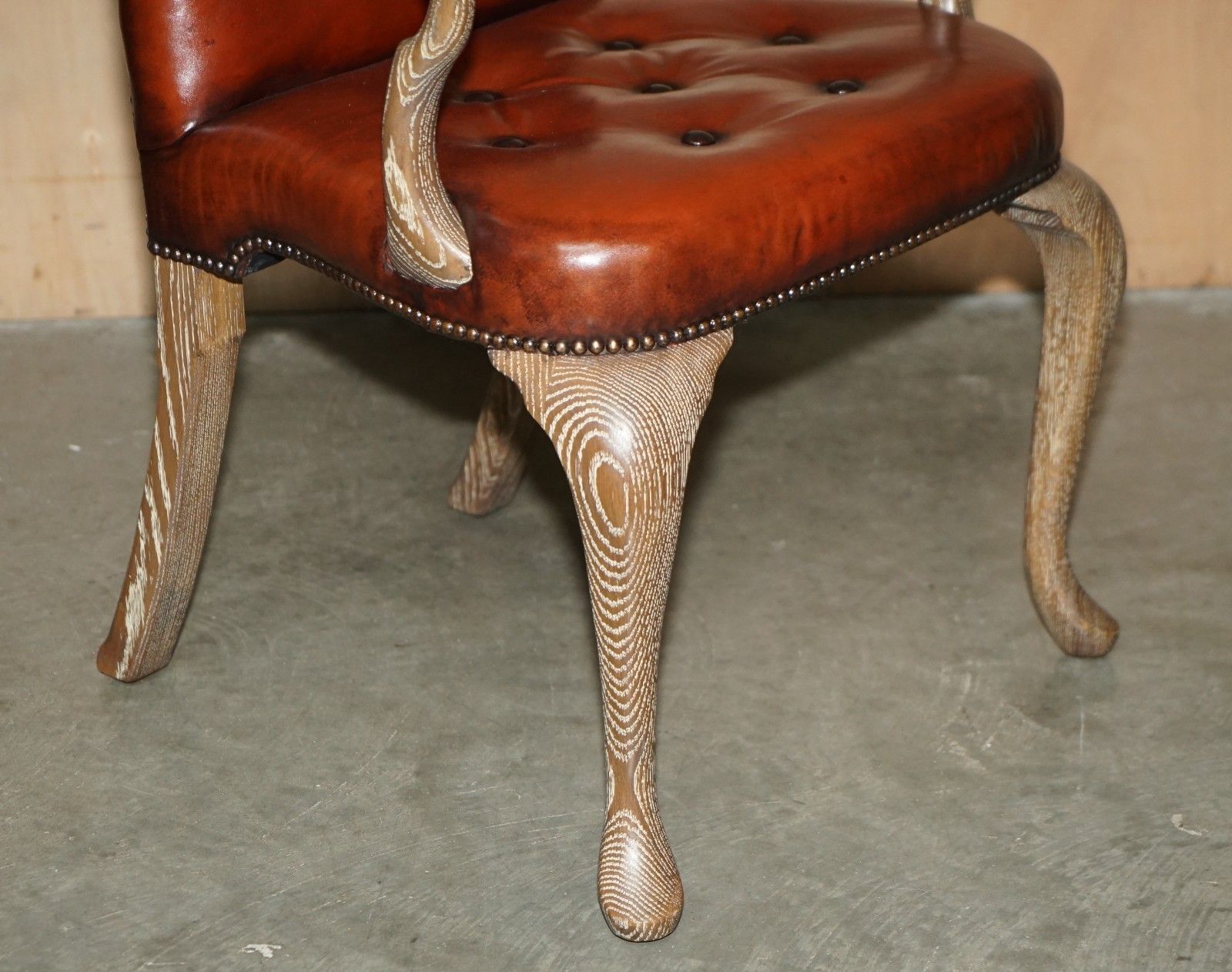 12000.0 Ten Restored Shepherds Crook Limed Oak Brown Leather Chesterfield Dining Chairs photo