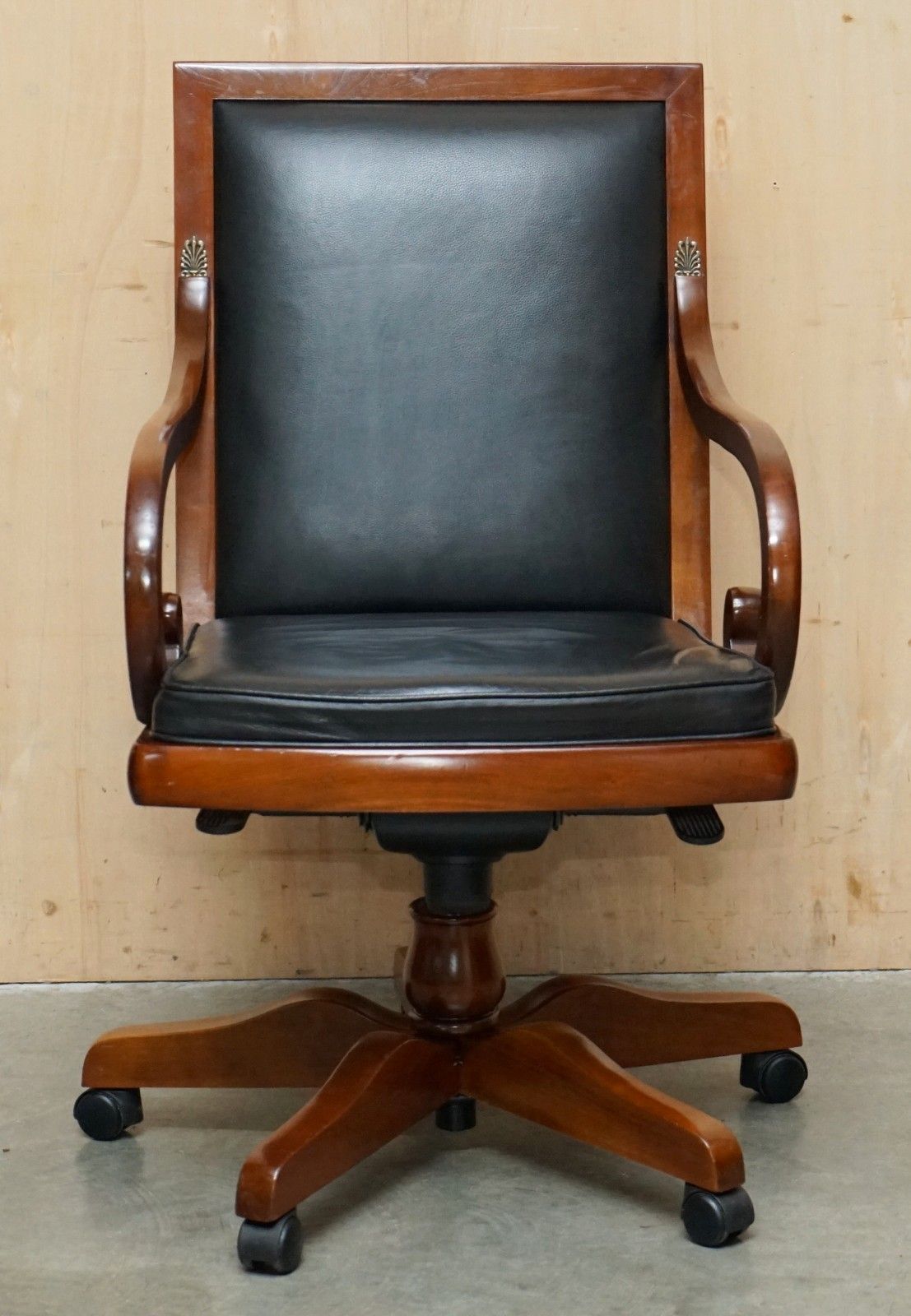 Harrods London Purchased Black Leather Cherry Wood Grange Paris Captain Chairs photo for sale