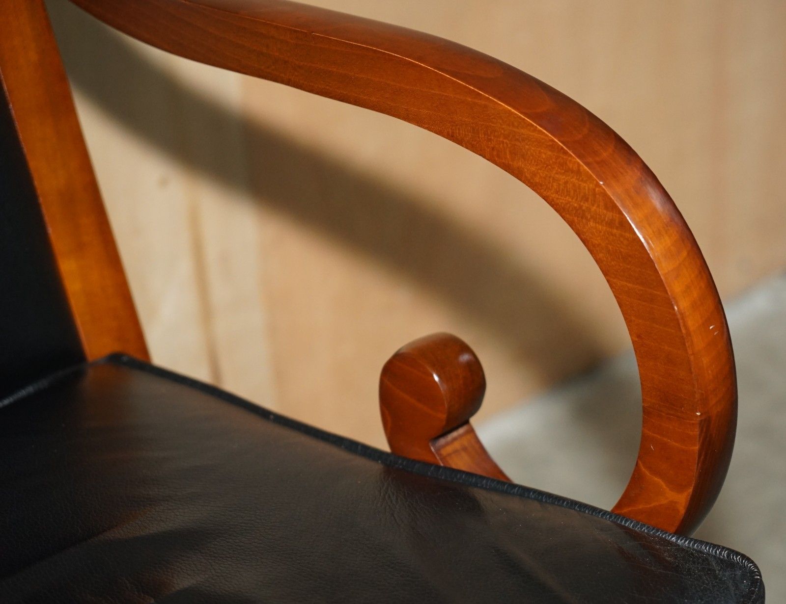2750.0 Harrods London Purchased Black Leather Cherry Wood Grange Paris Captain Chairs photo