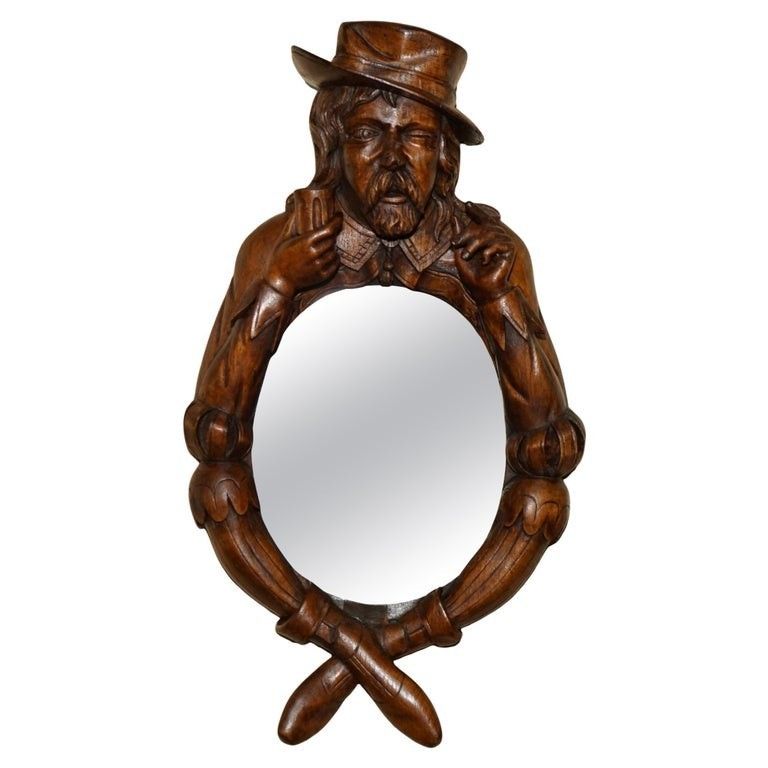 Fine Antique Original Black Forest Folk Art Wall Mirror Of Chap With Bee On Nose