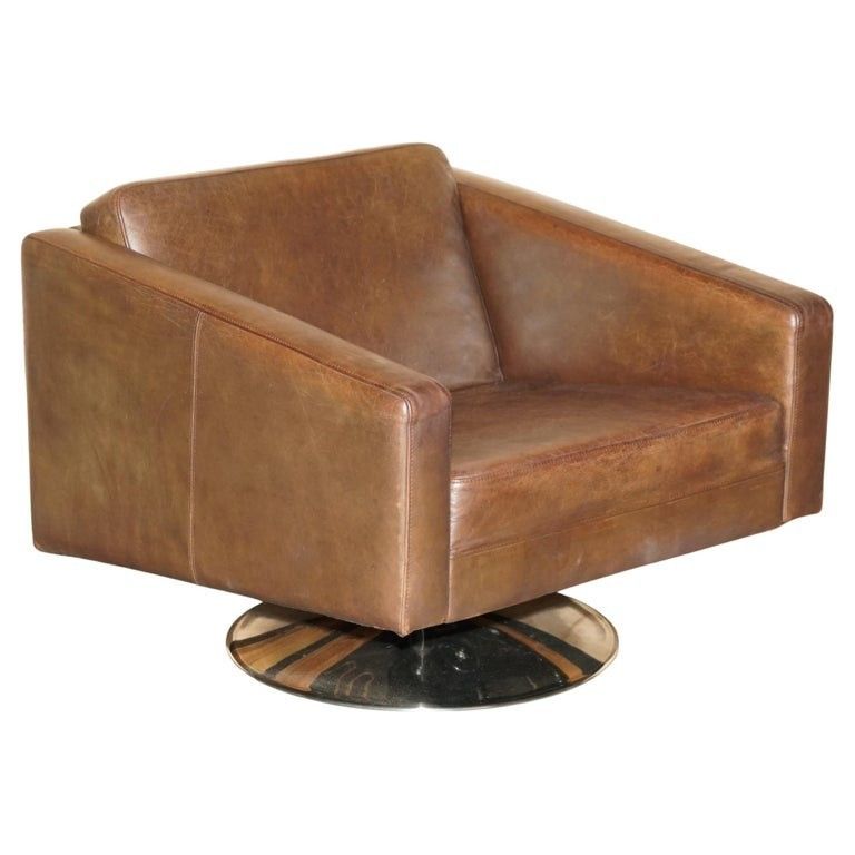 Vintage Heritage Brown Leather Boconcepts Chrome Base Swivel Lounge Armchair