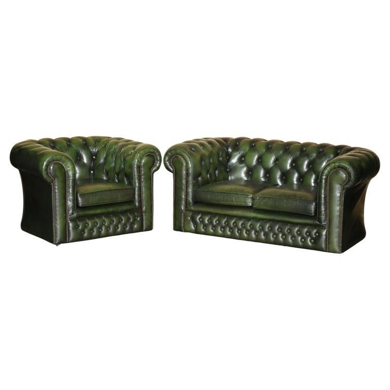 Stunning Vintage Tufted Chesterfield Bottle Green Leather Sofa & Armchair