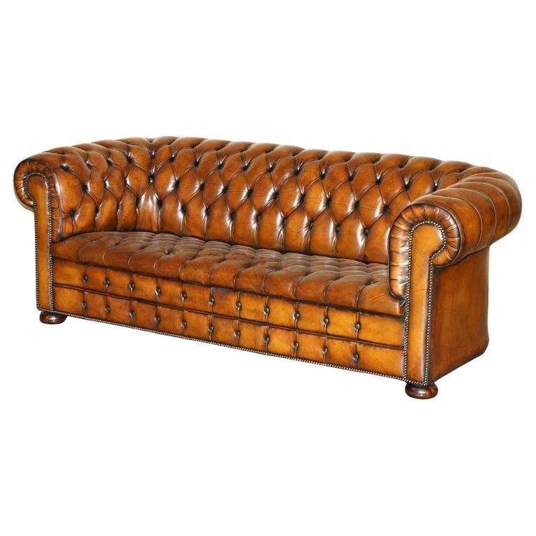 Art Deco Vintage Hand Dyed Fully Restored Whisky Brown Leather Chesterfield Sofa