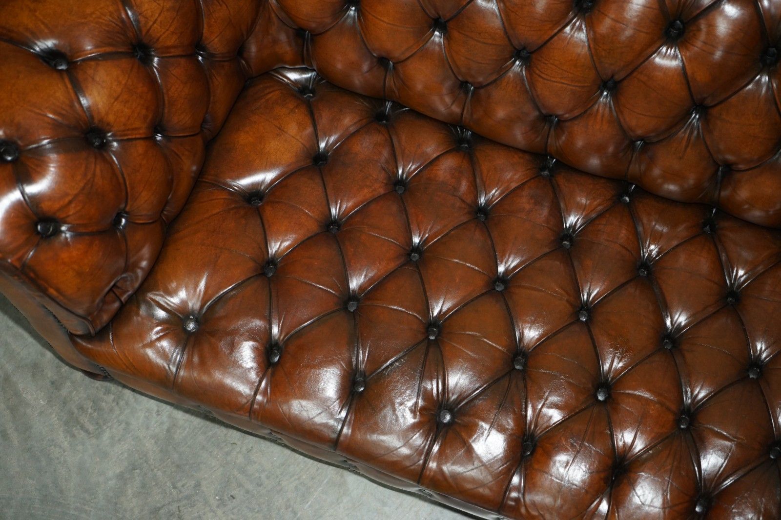 Furniture Art Deco Vintage Hand Dyed Fully Restored Whisky Brown Leather Chesterfield Sofa photo