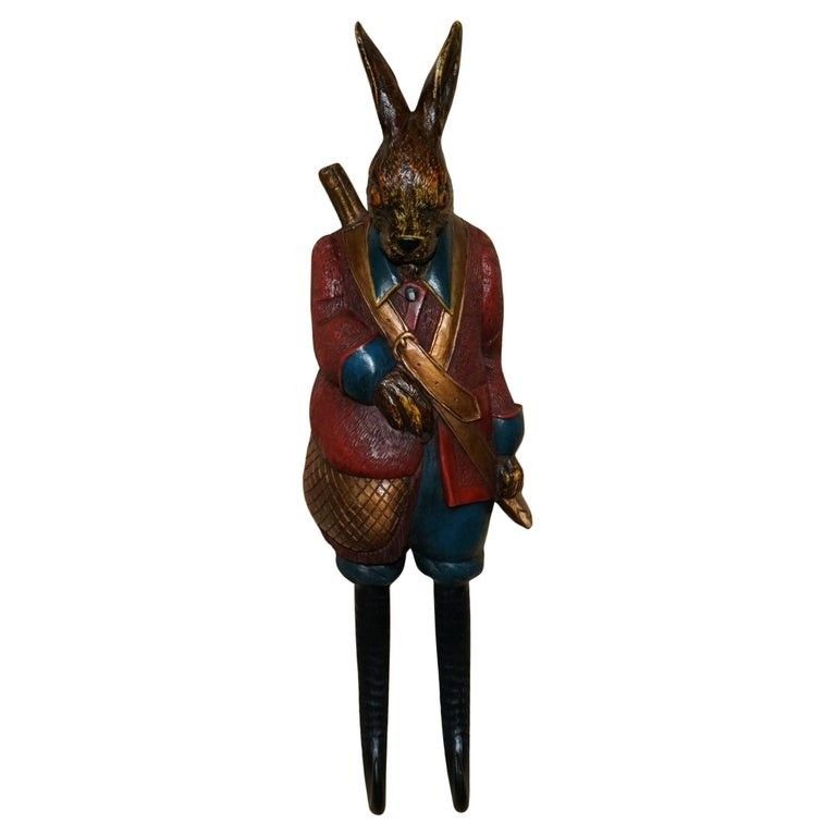 Stunning Vintage Painted Black Forest Hand Carved Rabbit Whip Hook Glass Eyes