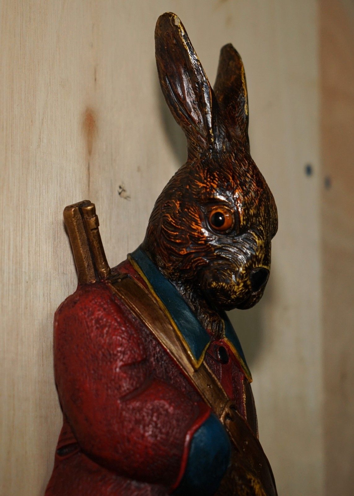 Stunning Vintage Painted Black Forest Hand Carved Rabbit Whip Hook Glass Eyes photo Art