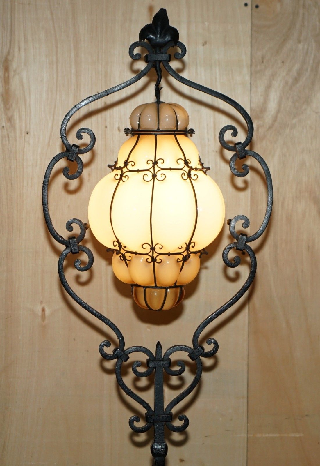 Antique Circa 1930's Italian Murano Glass & Iron Seguso Caged Pendant Floor Lamp photo for sale