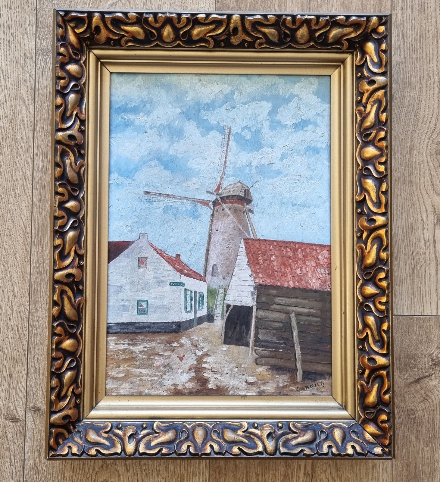 Vintage Oil Painting French Post Impressionist Style Ornate Frame Country Scene
