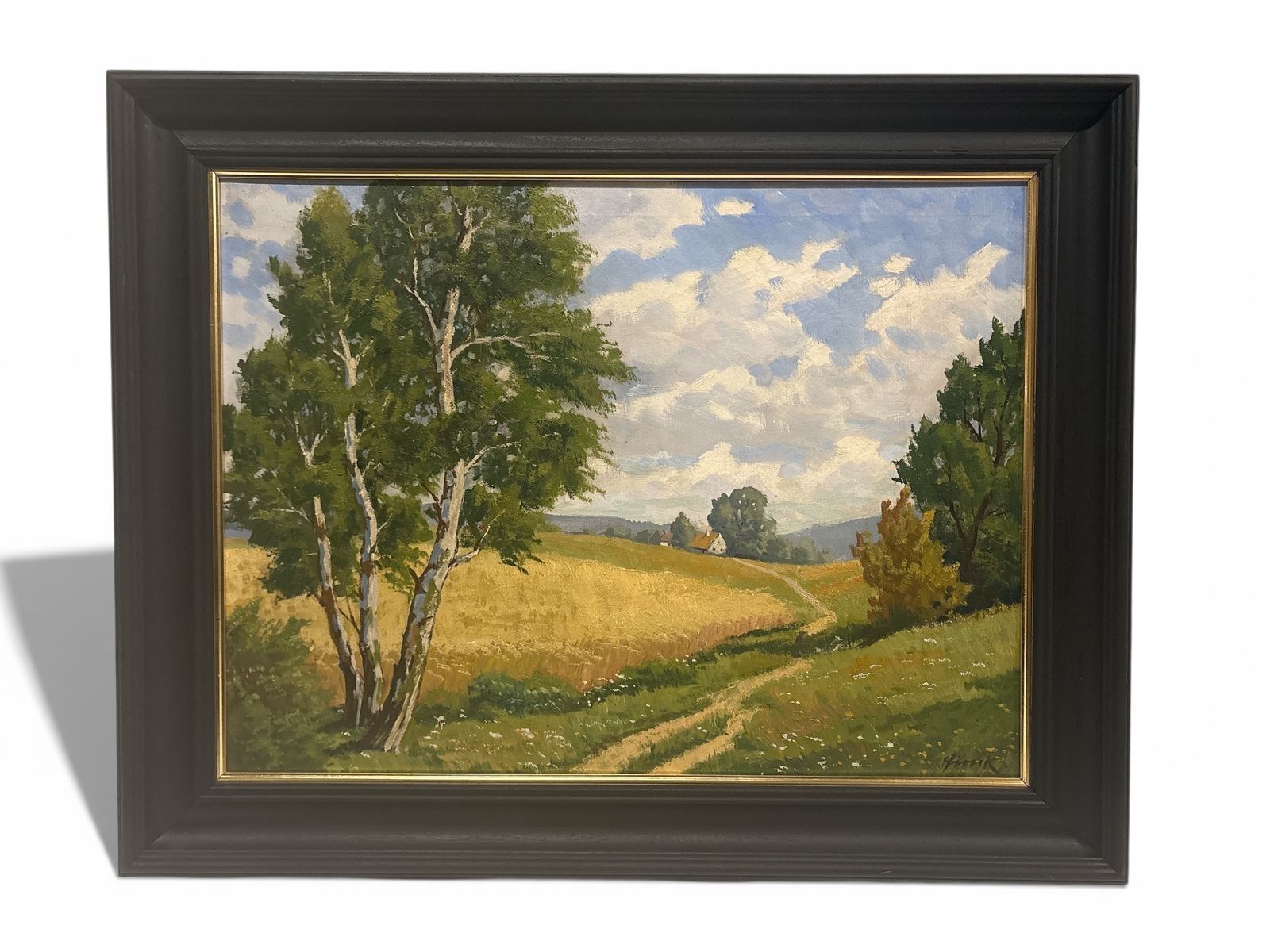 Large Oil On Canvas Of A Farm Landscape In Ebonised Frame 1950s