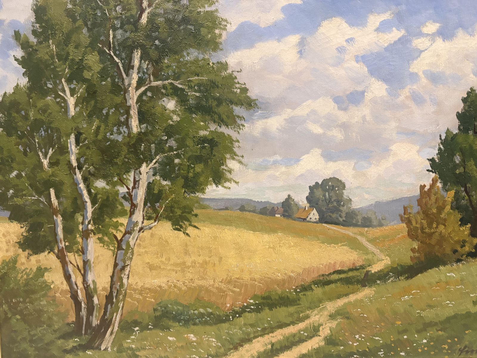 Large Oil On Canvas Of A Farm Landscape In Ebonised Frame 1950s photo 495.0
