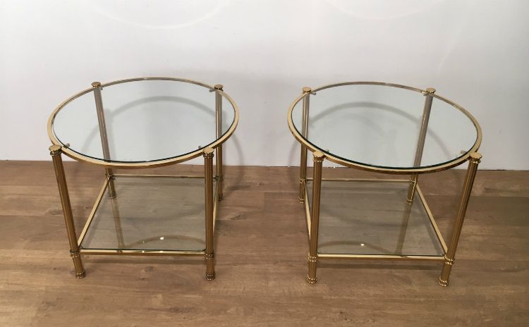 Pair Of Round Brass 2 Tiers Side Tables. Circa 1970 photo furniture