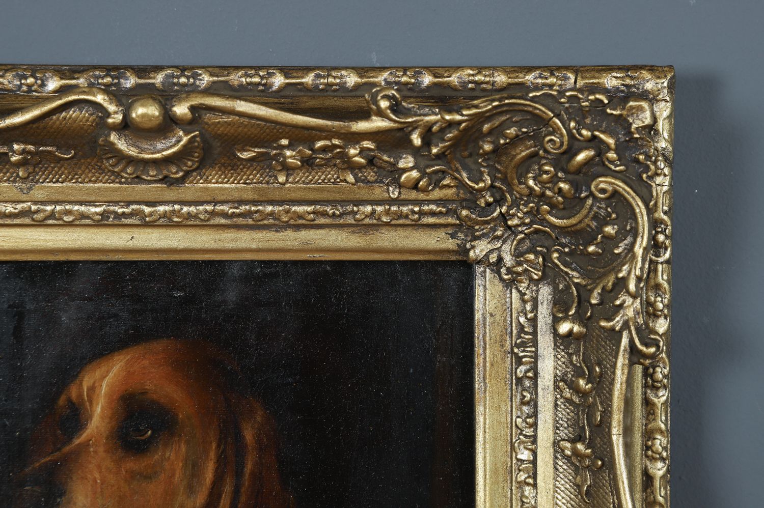 photo vintage English Victorian Copy Of An Oil Painting Picture Of Dignity And Impudence Hound Dog By Sir Edwin Landseer (Circa 1860)