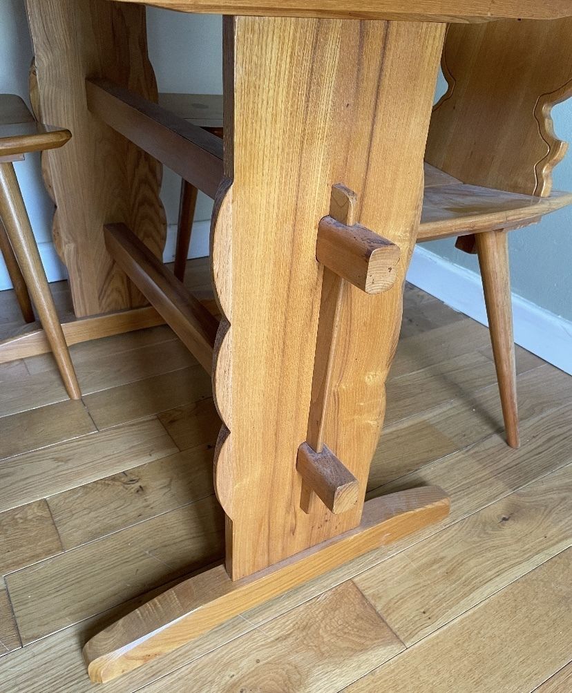 Solid Wood Dining Table & 4 Carved Chairs Set – Retro Mid Century Alpine Style – Farmhouse Cottage Kitchen Furniture photo 499.0